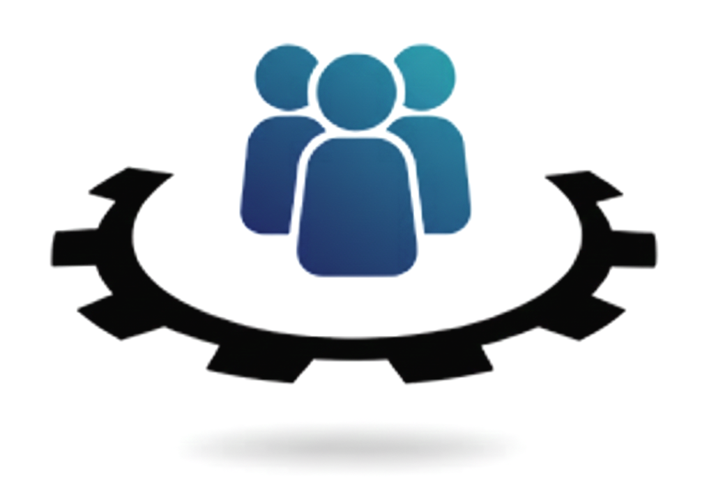 Icon of three people inside a gear, representing team management or collaboration.