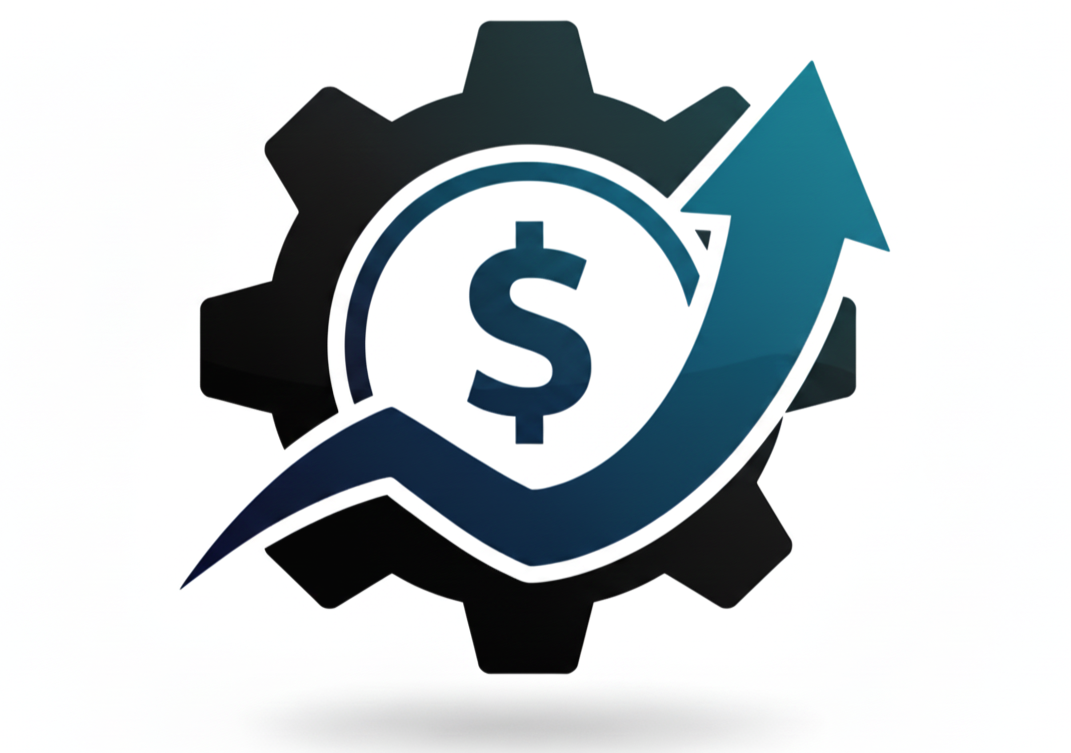 A graphic of a gear with a dollar sign inside a shield, and an upward arrow, symbolizing financial growth or economic success.