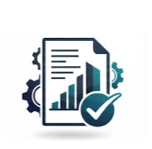 A document with a bar graph, surrounded by gears and a checkmark, symbolizing data analysis or report validation.