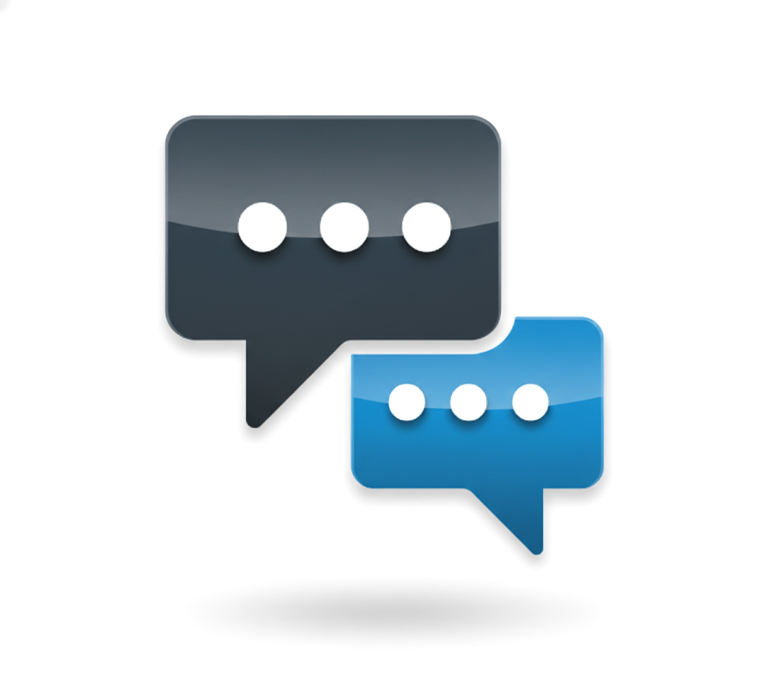Two speech bubbles, one dark gray and one blue, with three white dots each, indicating conversation or messaging.