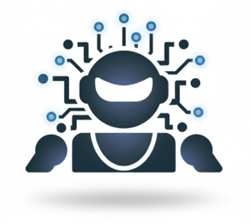 Illustration of a robot head with circuit lines radiating outward, resembling a human face with headphones or a headset.