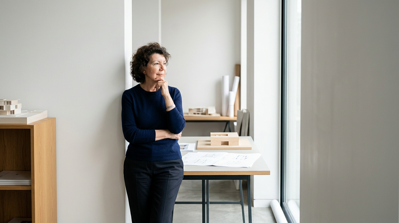 Writer Maria Vigar, wearing a dark blue sweater and black trousers, stands thoughtfully in a modern office, gazing out of a large window with writers notes and sketches on the table nearby.