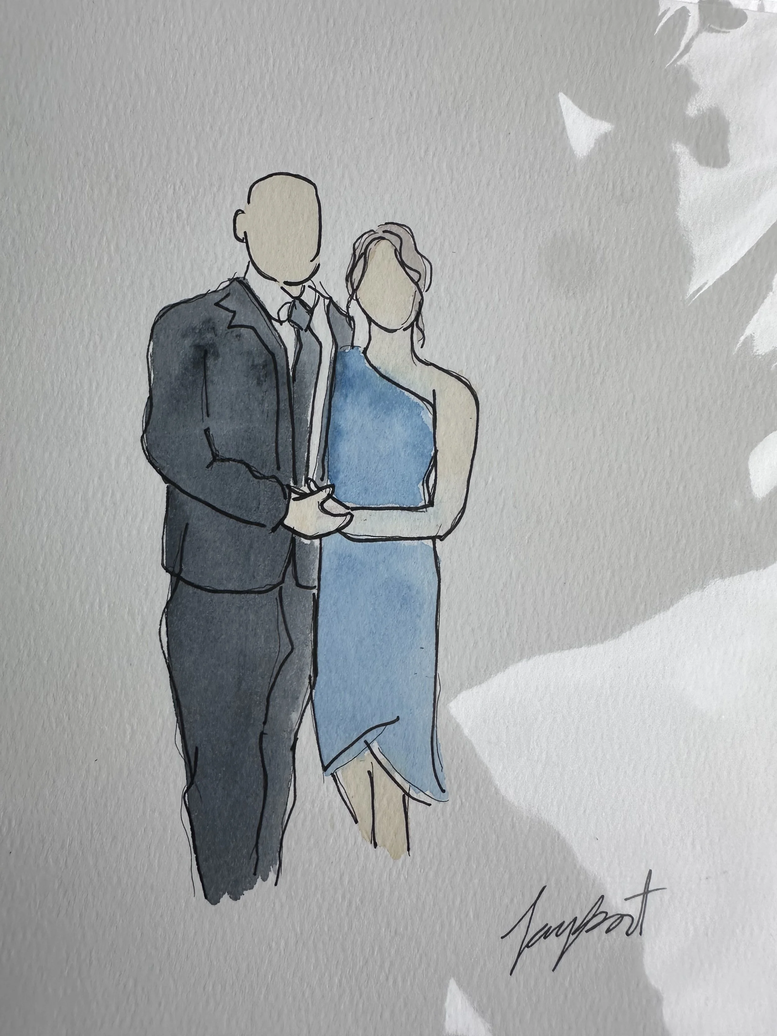 Watercolor sketch of a man in a suit and a woman in a blue dress standing close together, faceless, with the woman holding a small item. Partial signature of the artist at the bottom right.