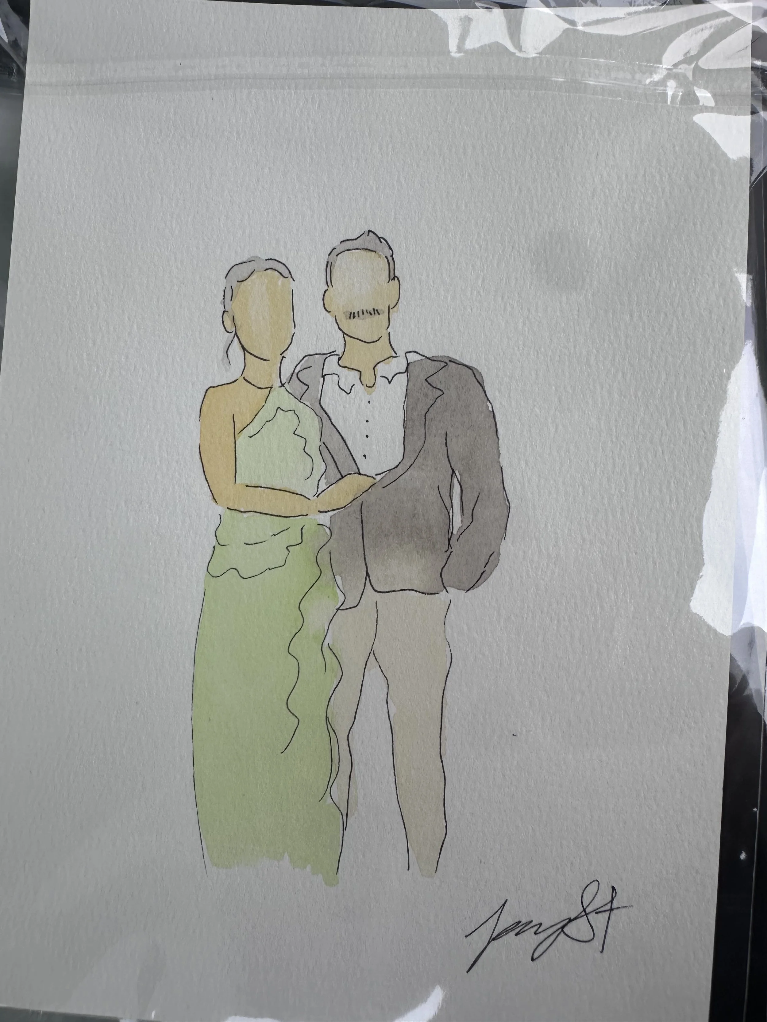 A watercolor painting of a couple standing together, the woman in a green dress and the man in a gray suit, with no facial features, signed with a handwritten signature at the bottom.