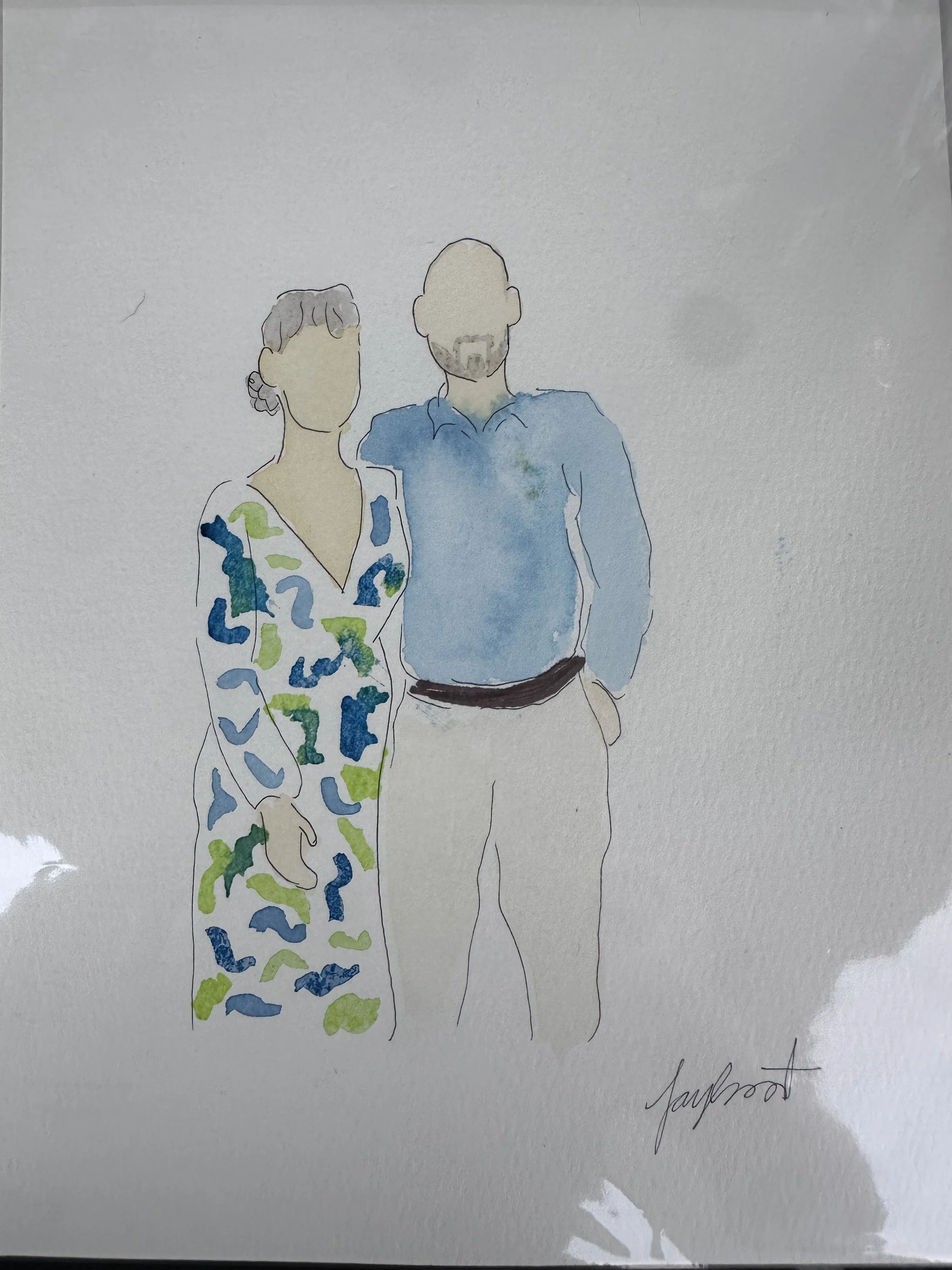 A watercolor-style sketch of a man and woman standing side by side. The woman has short, wavy hair and is wearing a dress with a blue and green pattern. The man has a beard, mustache, and is wearing a light blue shirt and beige pants. The sketch is s