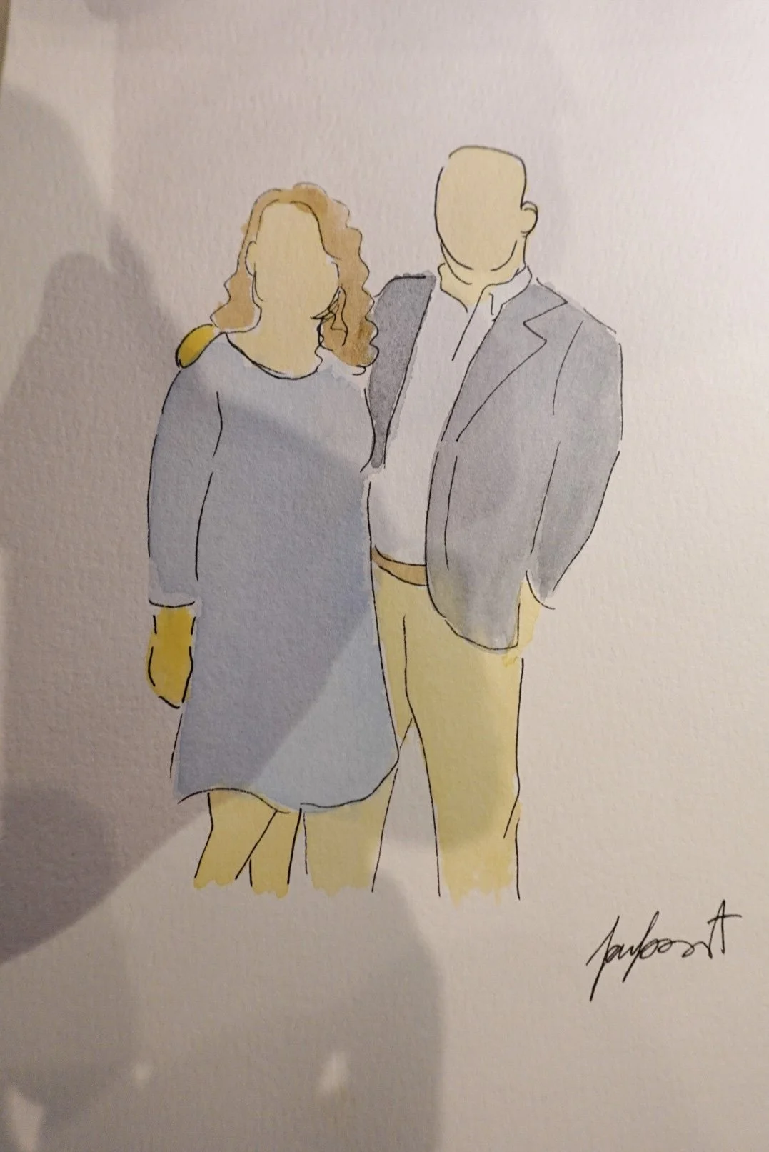 Watercolor illustration of a man and a woman standing close together. The woman has curly hair, wears a gray dress, and yellow gloves. The man is in a gray jacket, white shirt, and yellow pants, with his hands in his pockets. The image is signed in t