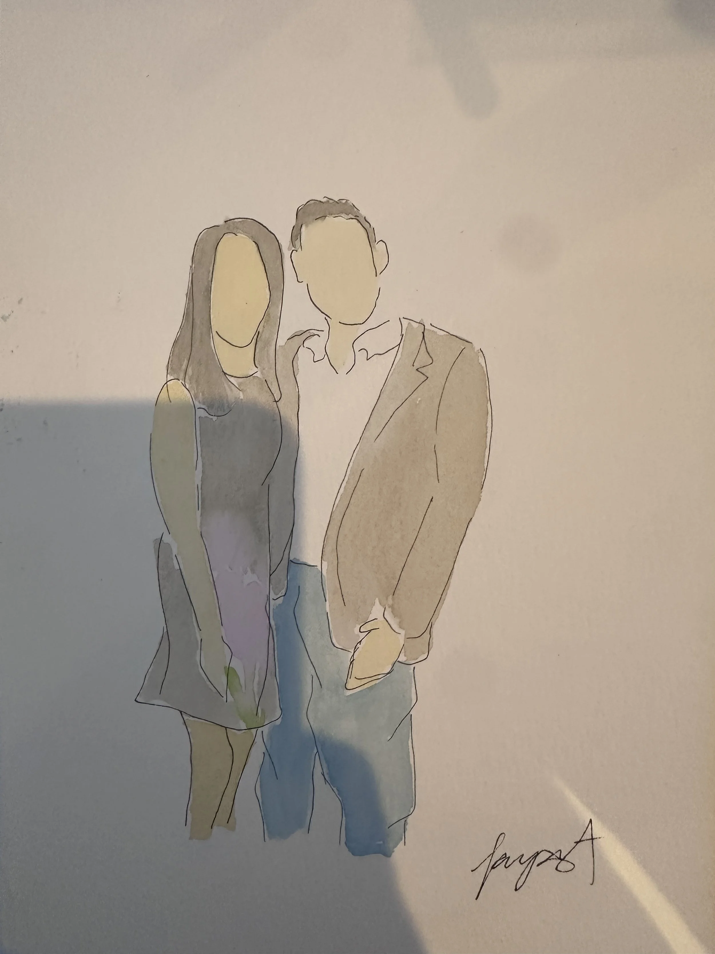 A watercolor sketch of a man and a woman standing close together, with faceless features, signed by the artist in the bottom right corner.