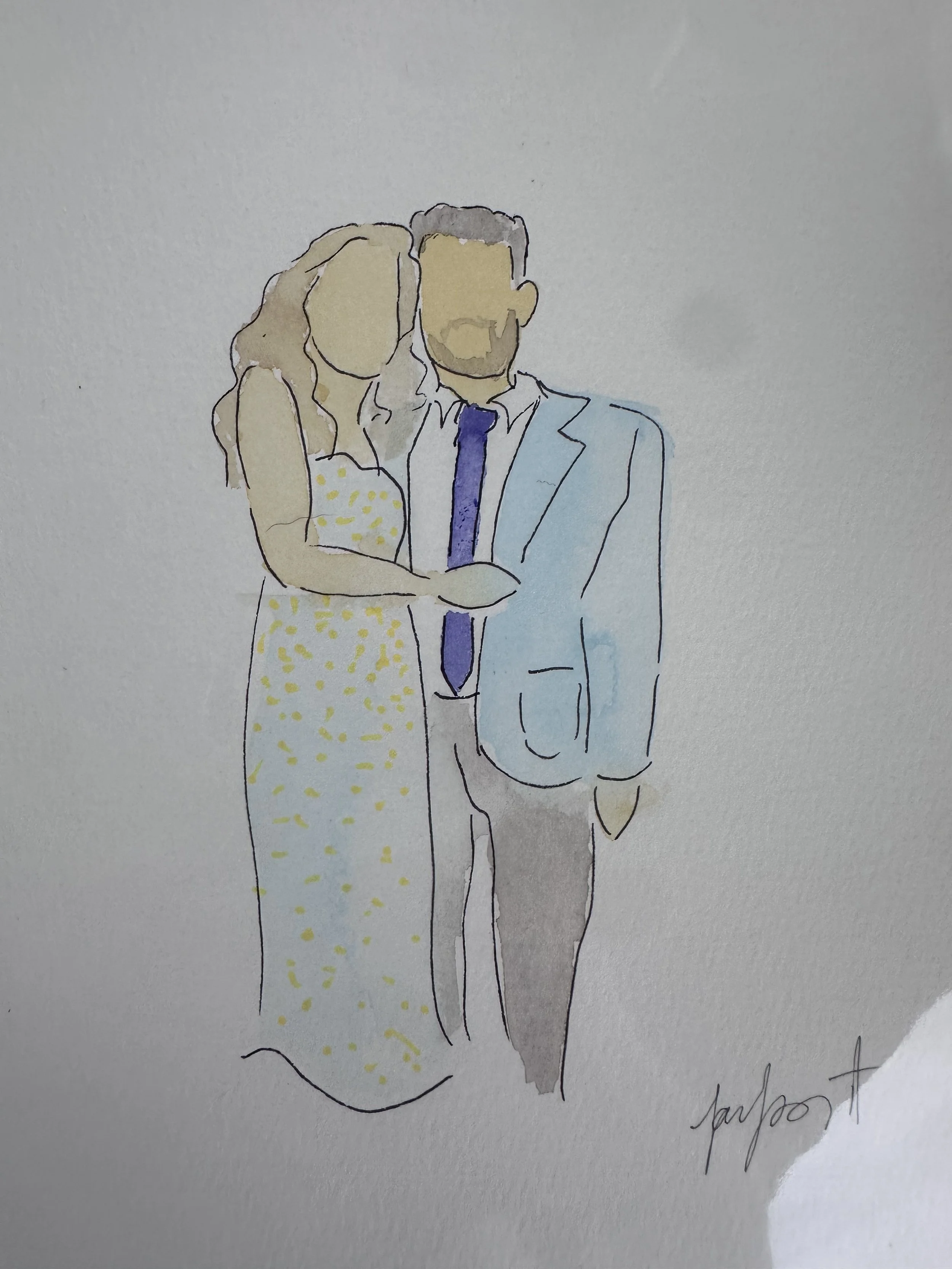 A watercolor sketch of a man and woman with their heads close together, the man has short hair and a beard, wearing a light blue suit and tie, the woman has long hair and is wearing a yellow dress with polka dots. The sketch is signed at the bottom r