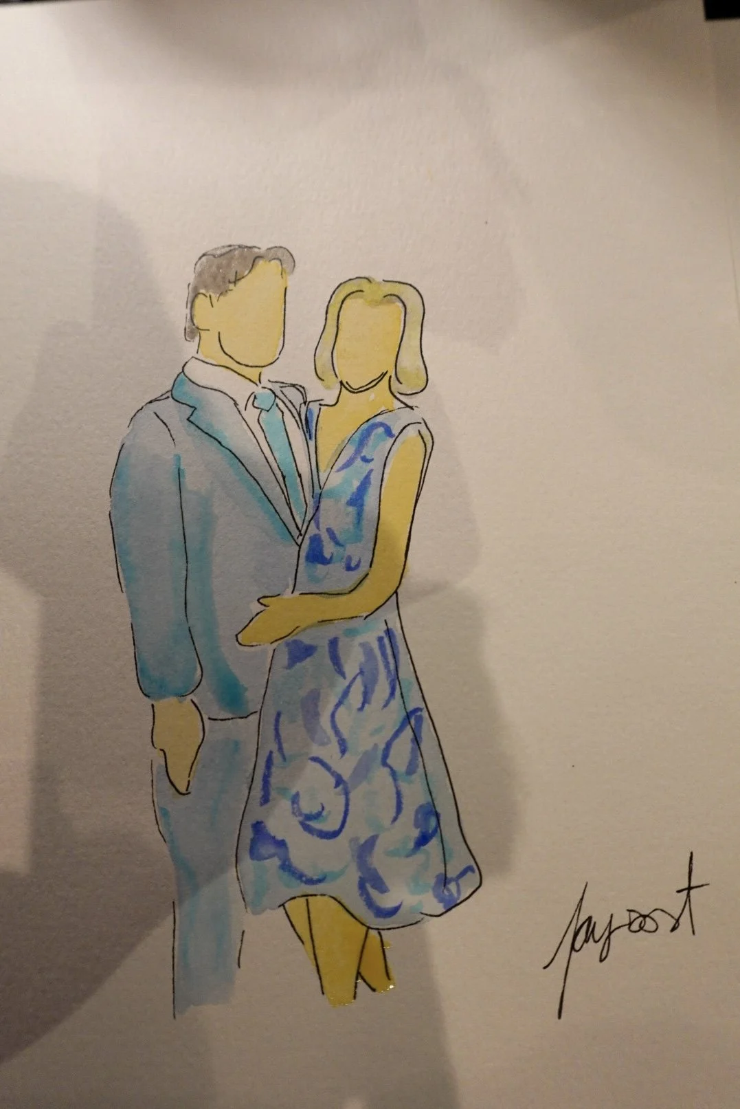 A watercolor sketch of a man in a light blue suit and a woman in a blue dress with a floral pattern, standing close together, with their faces faceless.