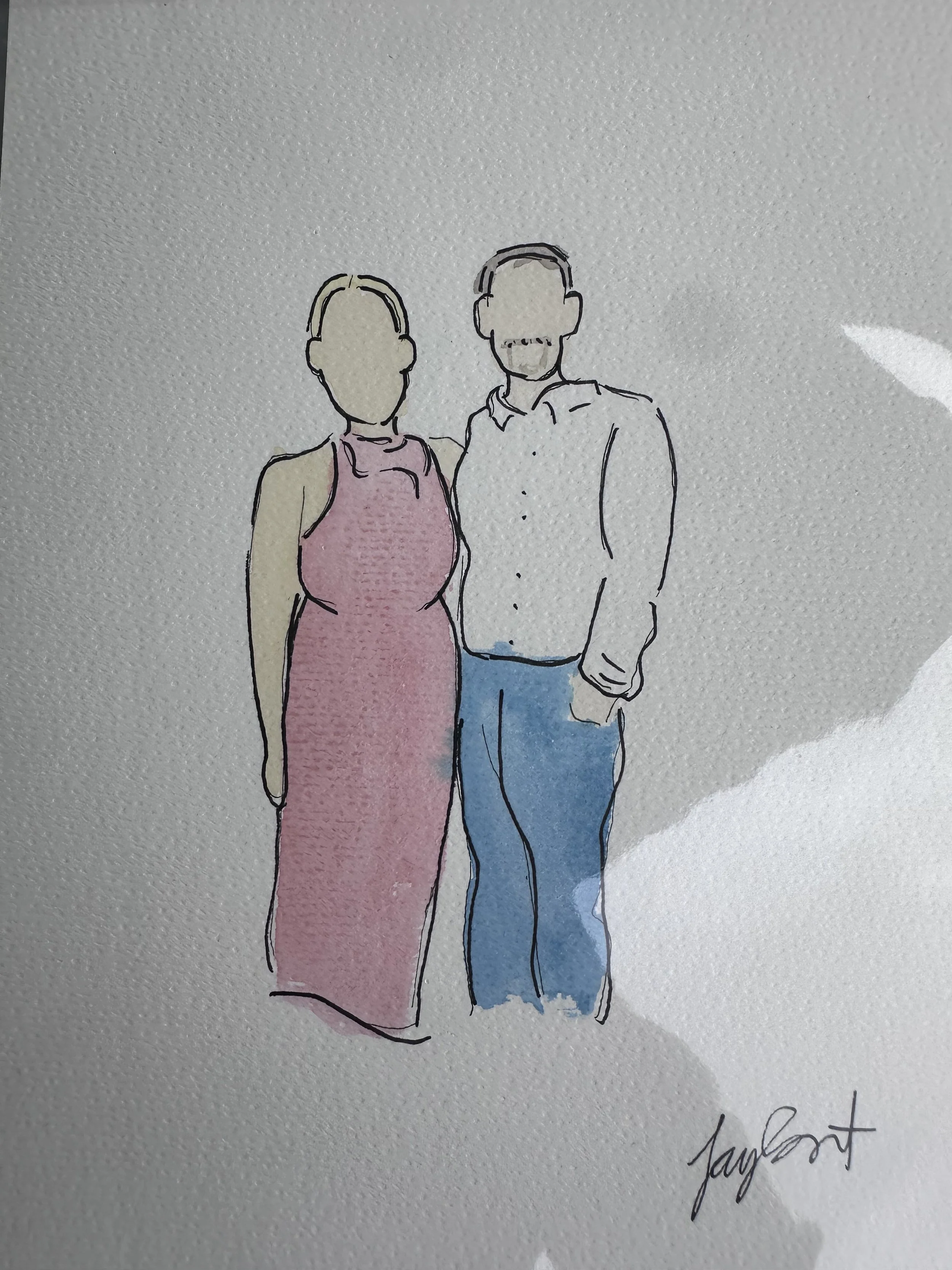 A hand-drawn illustration of a man and woman standing together, with the woman wearing a pink dress and the man in a white shirt and blue pants. Their faces are not detailed, and the drawing is signed by Jay Lant.
