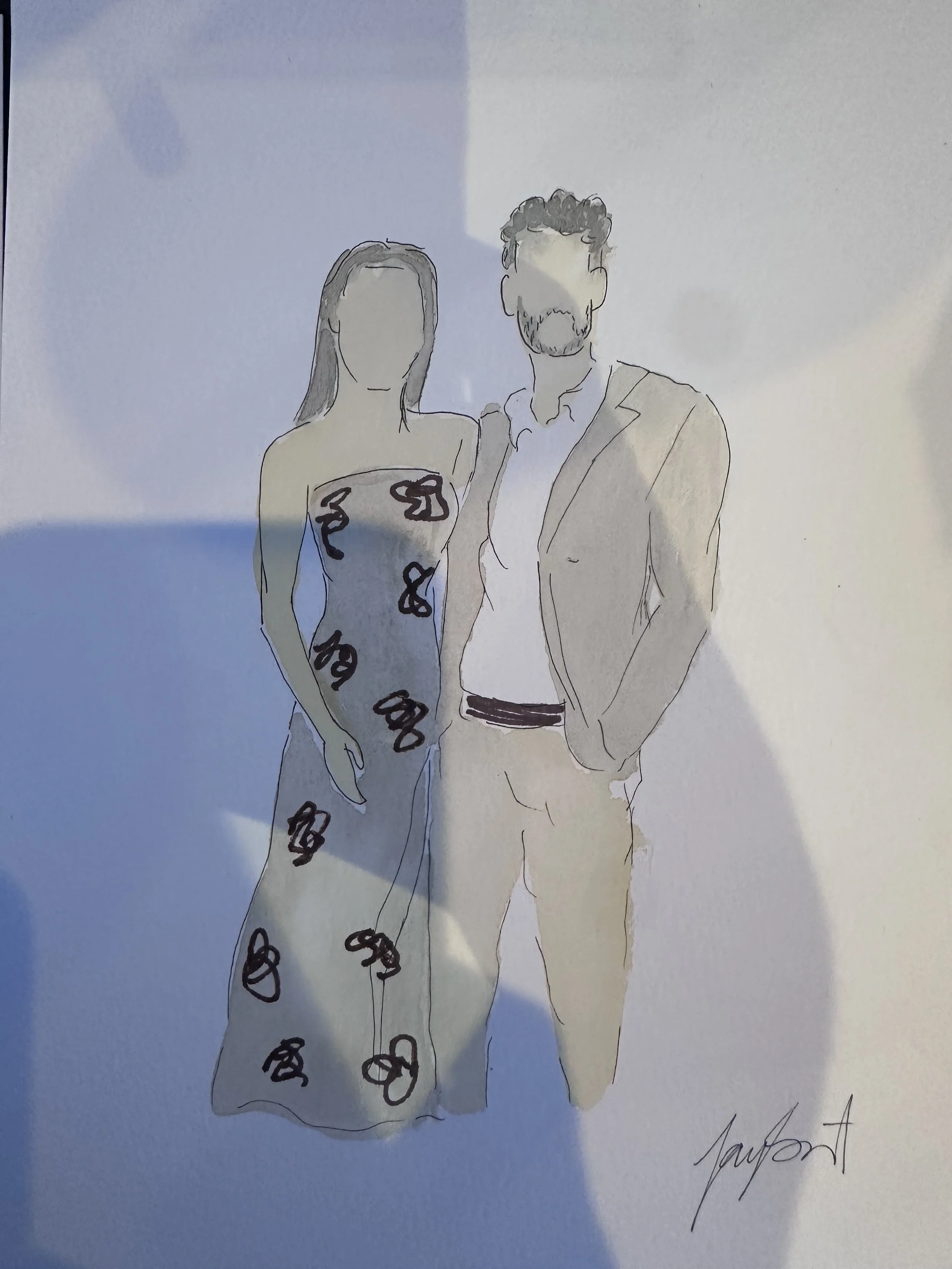 A sketch of a man and woman standing together, both in formal attire. The woman is wearing a strapless dress with abstract black patterns, and the man is dressed in a light-colored suit with an open-collared shirt. They are standing close, with the w