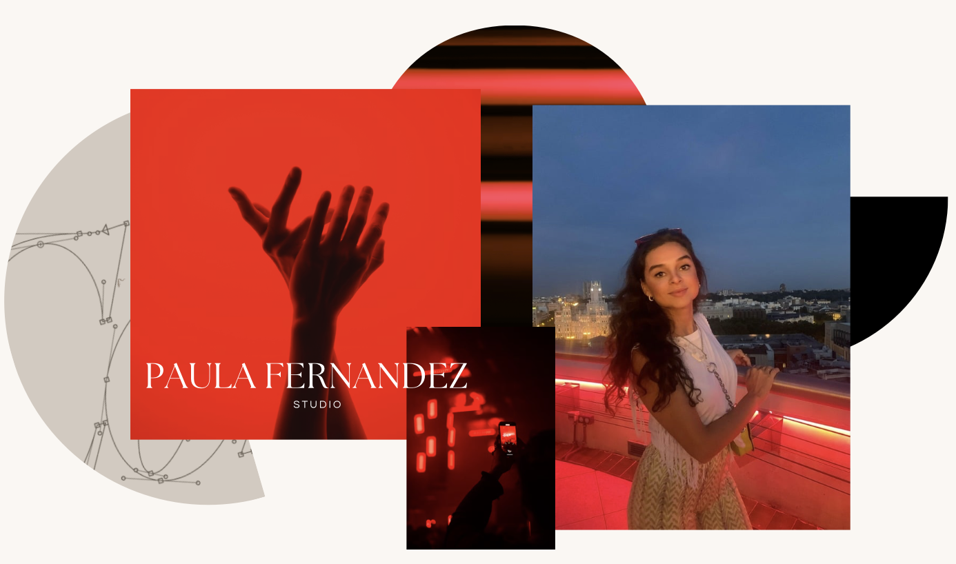 Collage of images including a hand reaching out against a red background, a woman with long curly hair on a rooftop at dusk, and a person taking a photo in a red-lit space. Text reads "Paula Fernandez Studio."