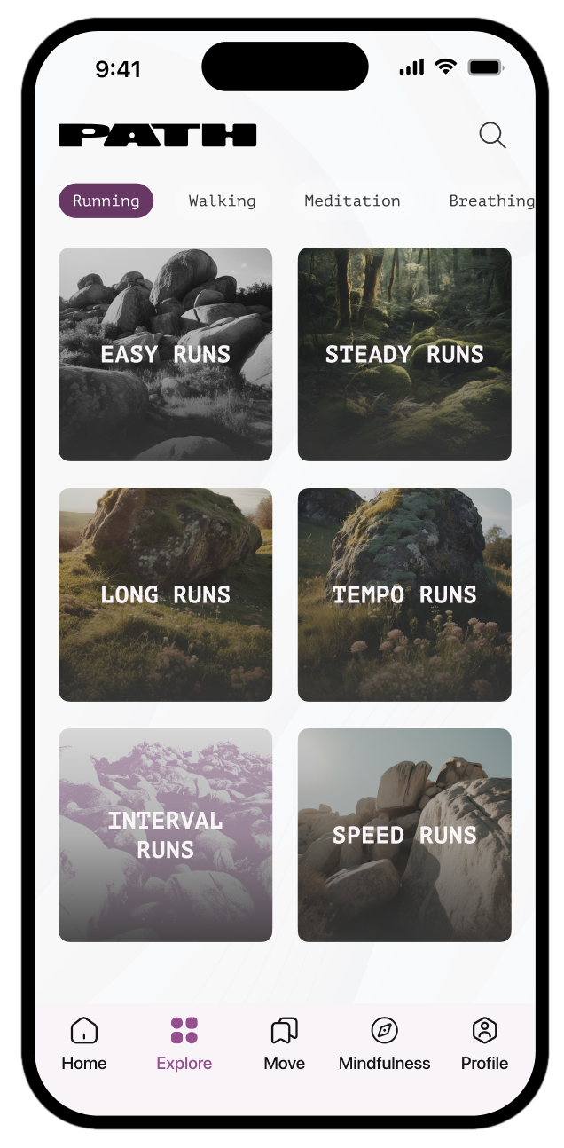 Mobile app interface displaying six types of running programs: Easy Runs, Steady Runs, Long Runs, Tempo Runs, Interval Runs, and Speed Runs, with navigation icons for Home, Explore, Move, Mindfulness, and Profile at the bottom.