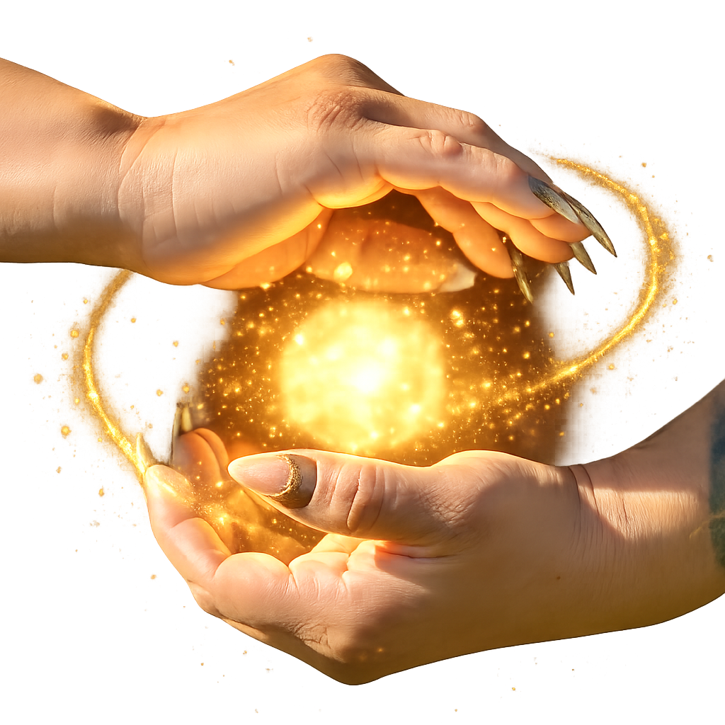 Two hands forming a circle around a glowing, sparkling, golden orb with swirling light effects.