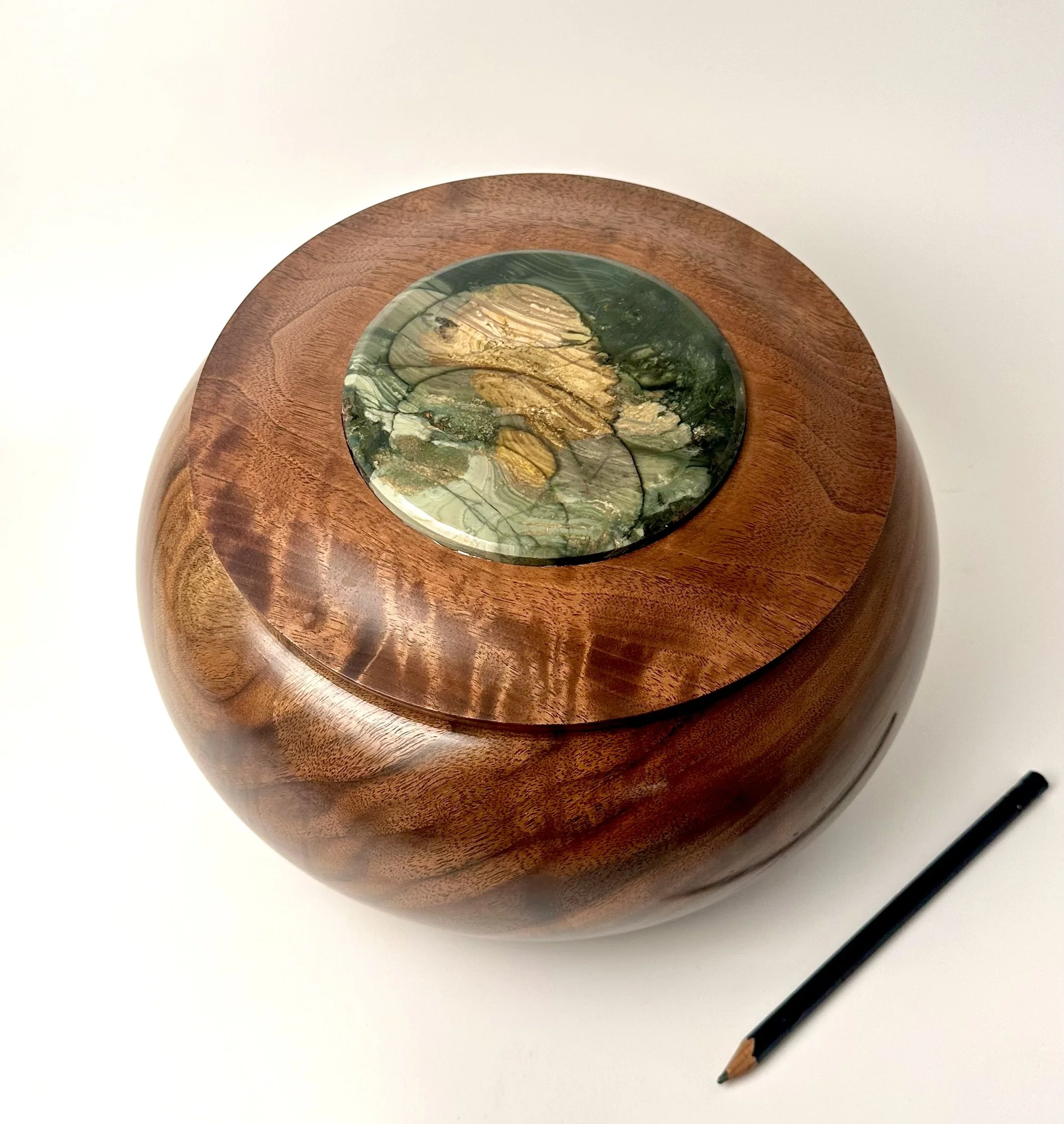 

Walnut and orbicular Blue Mountain jasper.  12” x 6”
