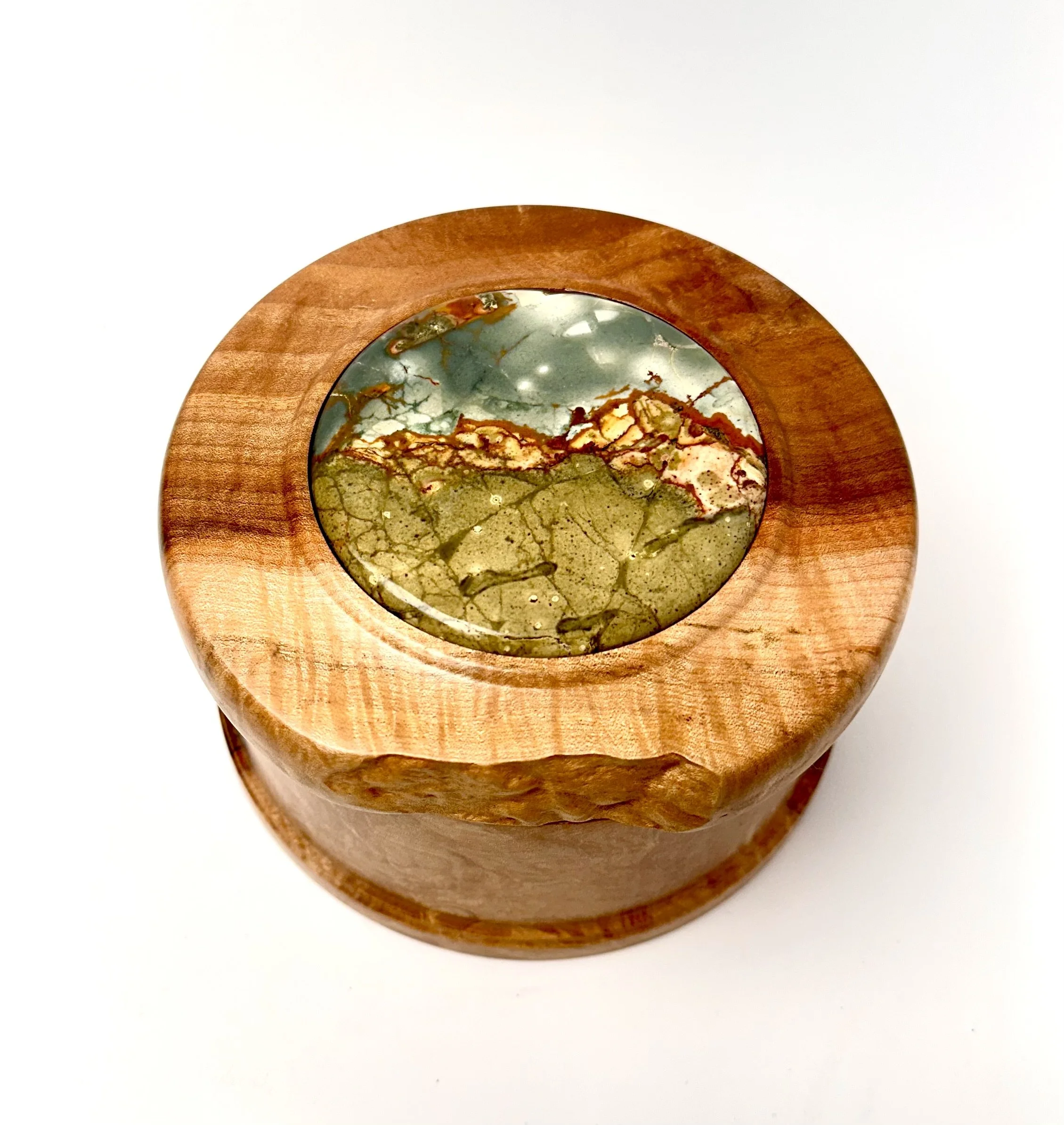 Owyhee picture jasper (Blue Mustang) and flamed maple. 5.5" x 3.25"