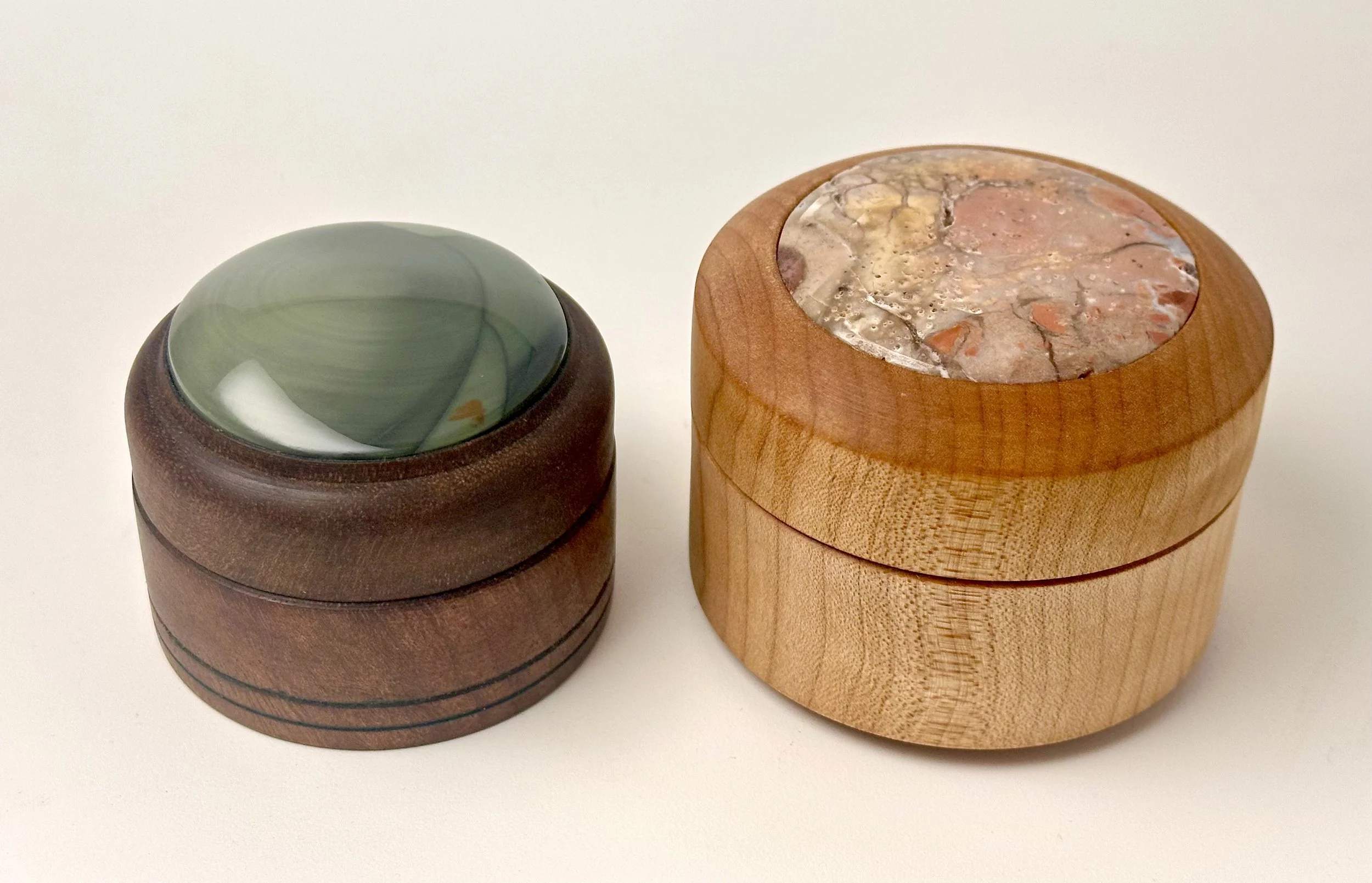 Maple, walnut, Oregon jaspers.  ~3" diameter