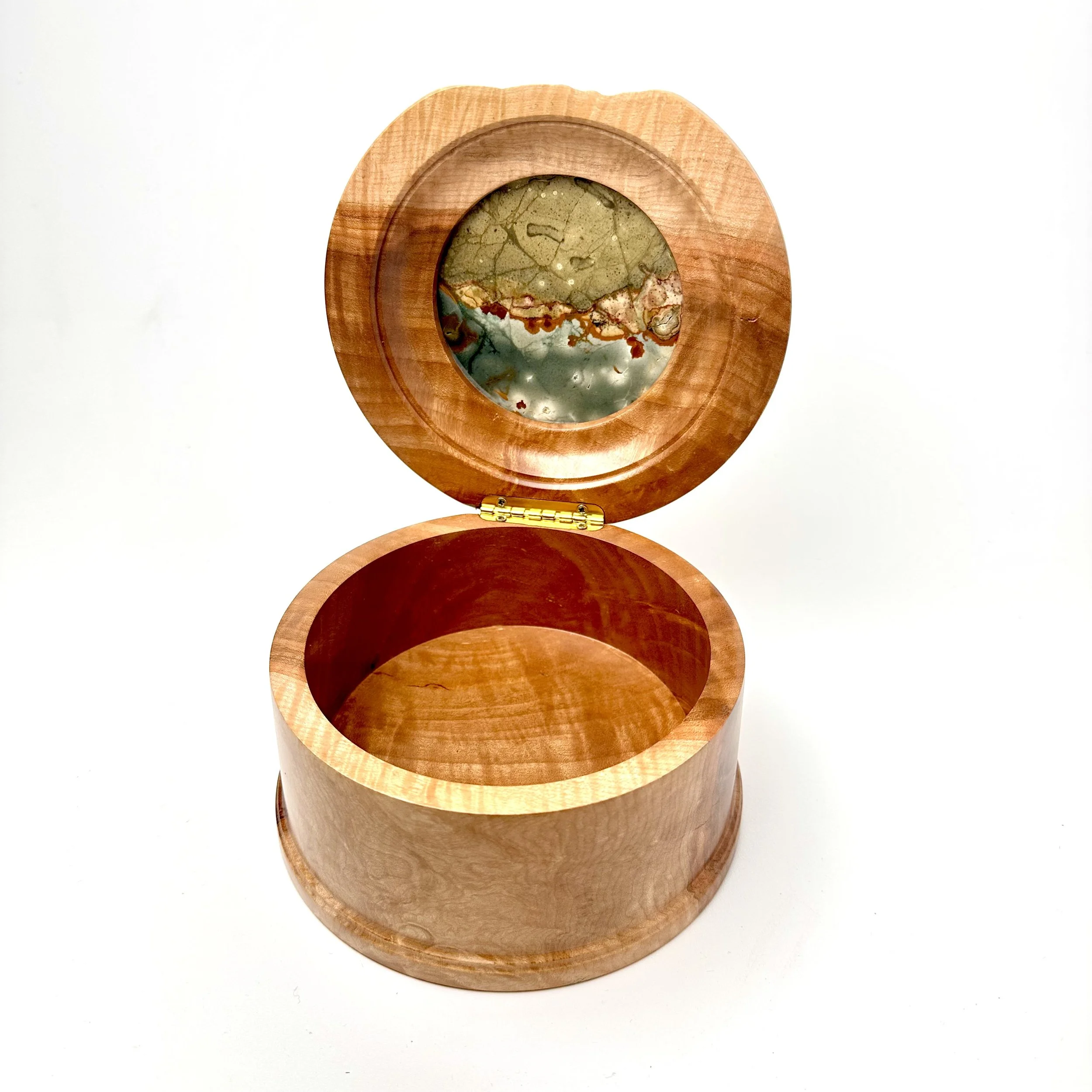 Owyhee picture jasper (Blue Mustang) and flamed maple. 5.5" x 3.25"