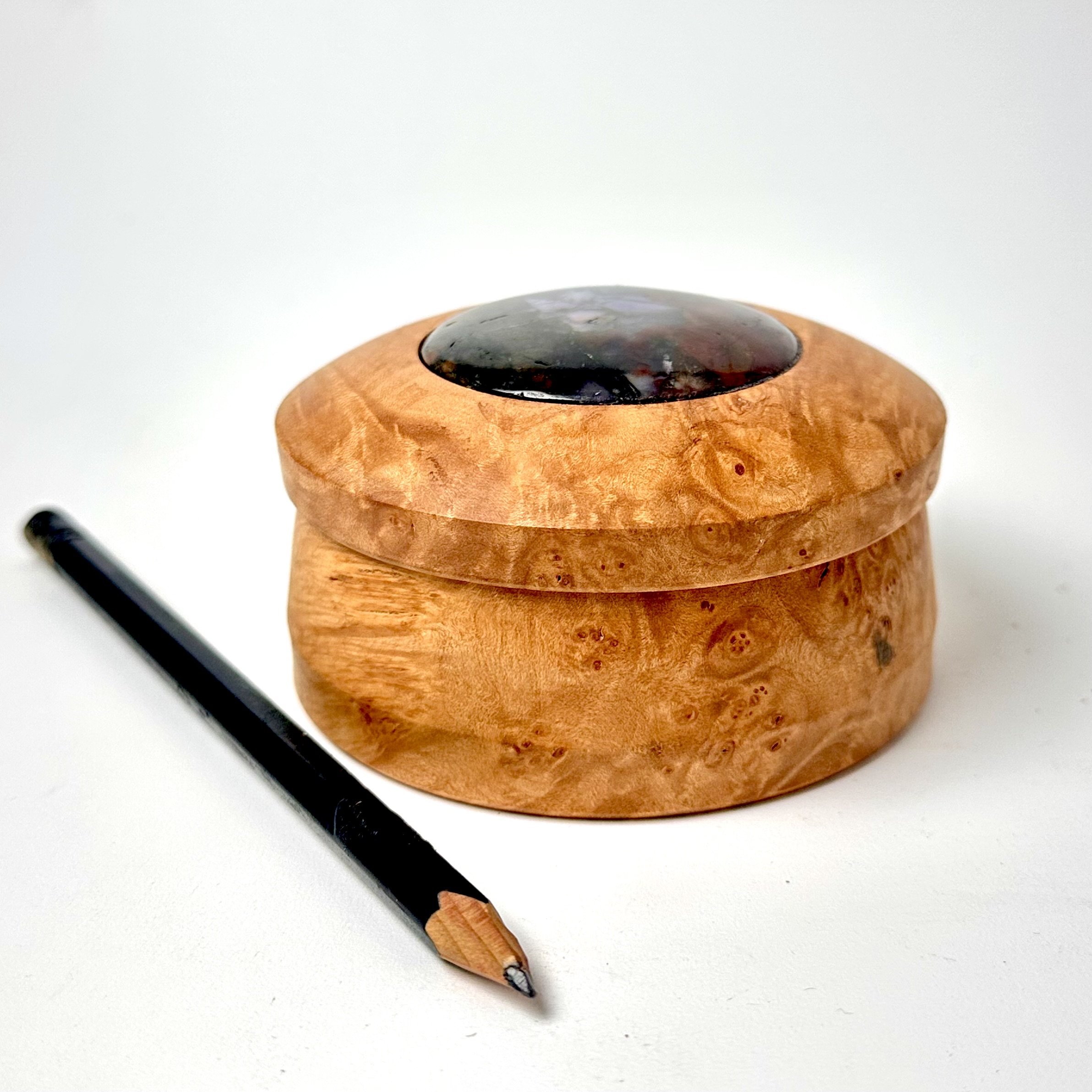Burl box with purple cow jasper inlay