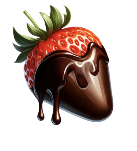 A fresh strawberry with green leaves partially dipped in melted chocolate.