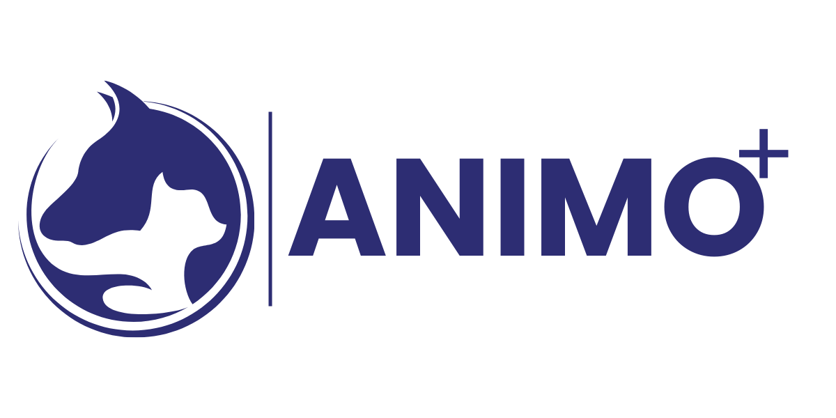 Logo d'ANIMO, une organisation pour la protection des animaux, avec une illustration de tête de chien et de chat en bleu.