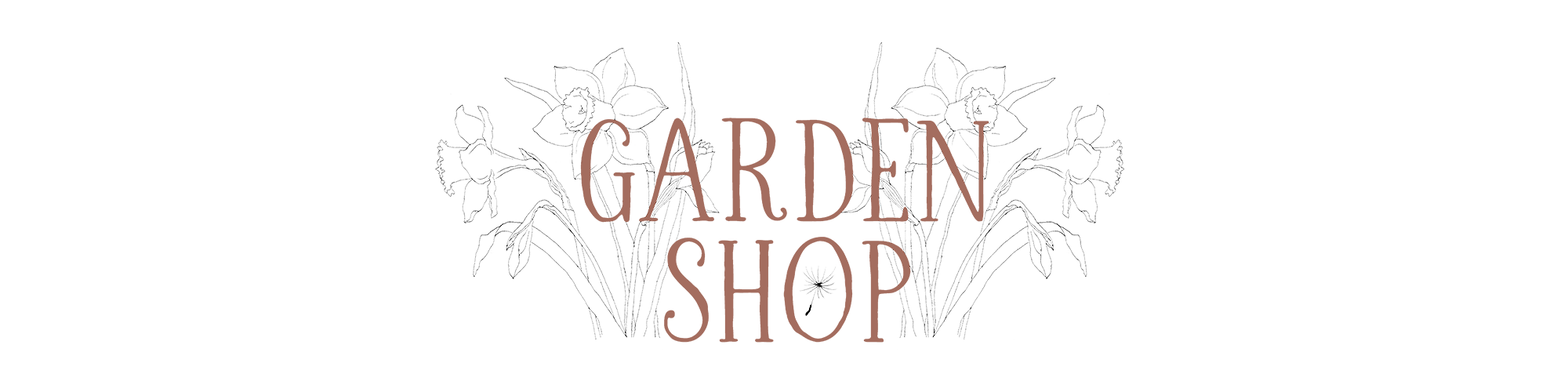 Logo for Garden Shop featuring illustrated flowers and the text 'Garden Shop' in brown over a black background.