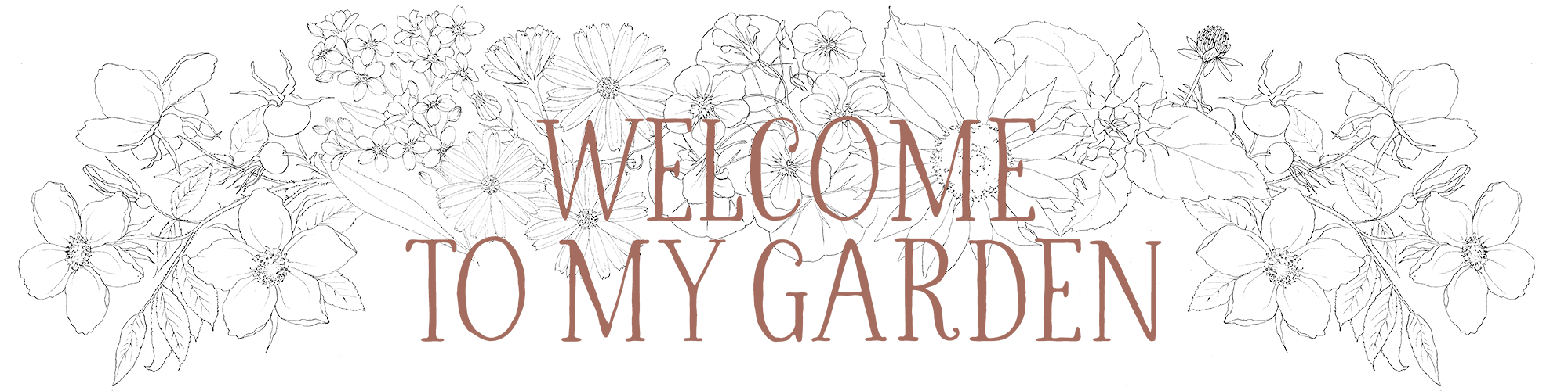 Decorative garden sign with floral outline and the text "Welcome to My Garden" in pinkish-brown font against a black background.