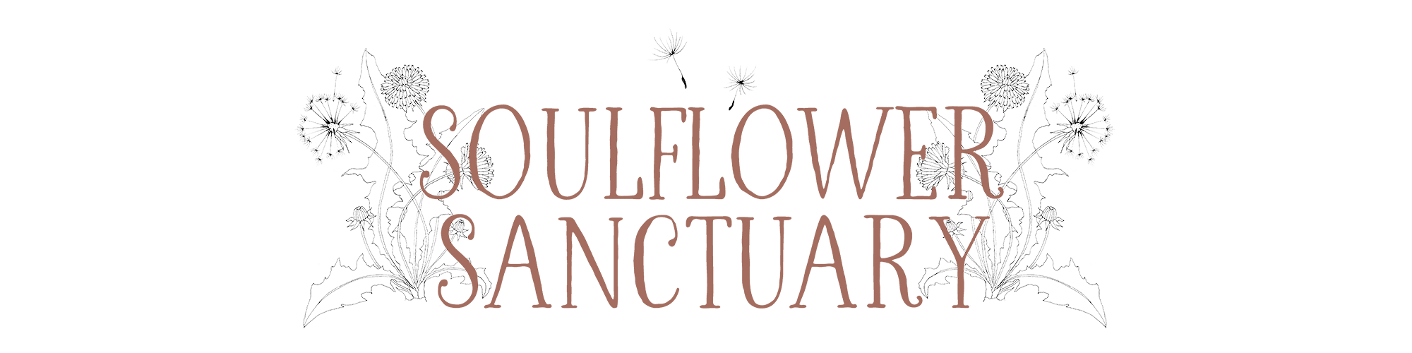 Decorative graphic with the words 'Scentflower Sanctuary' surrounded by illustrated flowers and dandelions on a black background.