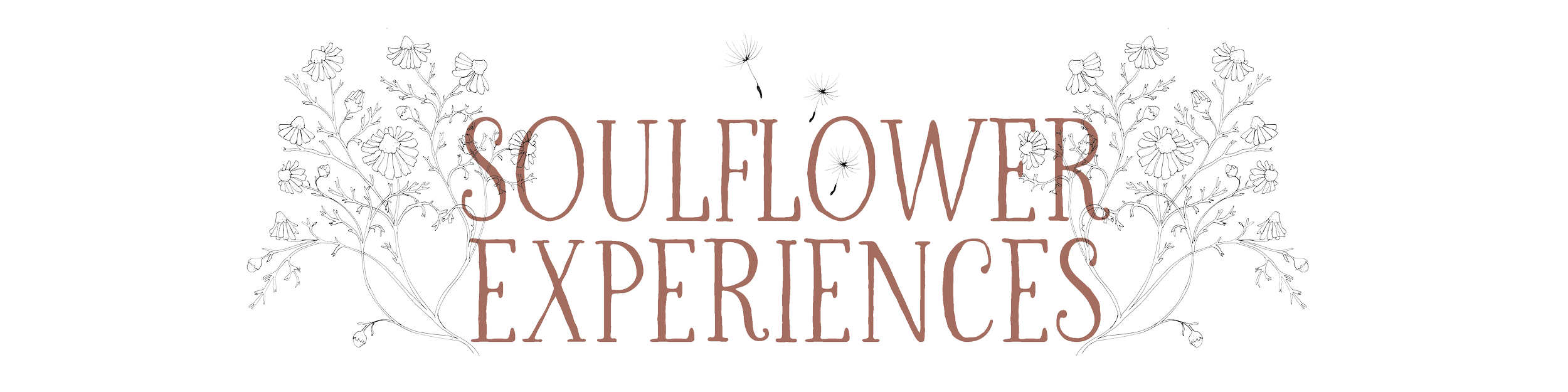 Illustration of flowers around the words 'Soulflower Experiences' on a black background.