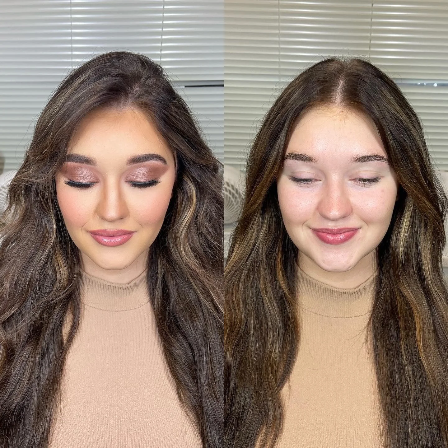 Side-by-side comparison of a woman with makeup on the left and no makeup on the right, both with long brown hair and wearing a beige top, in front of a window with closed blinds.
