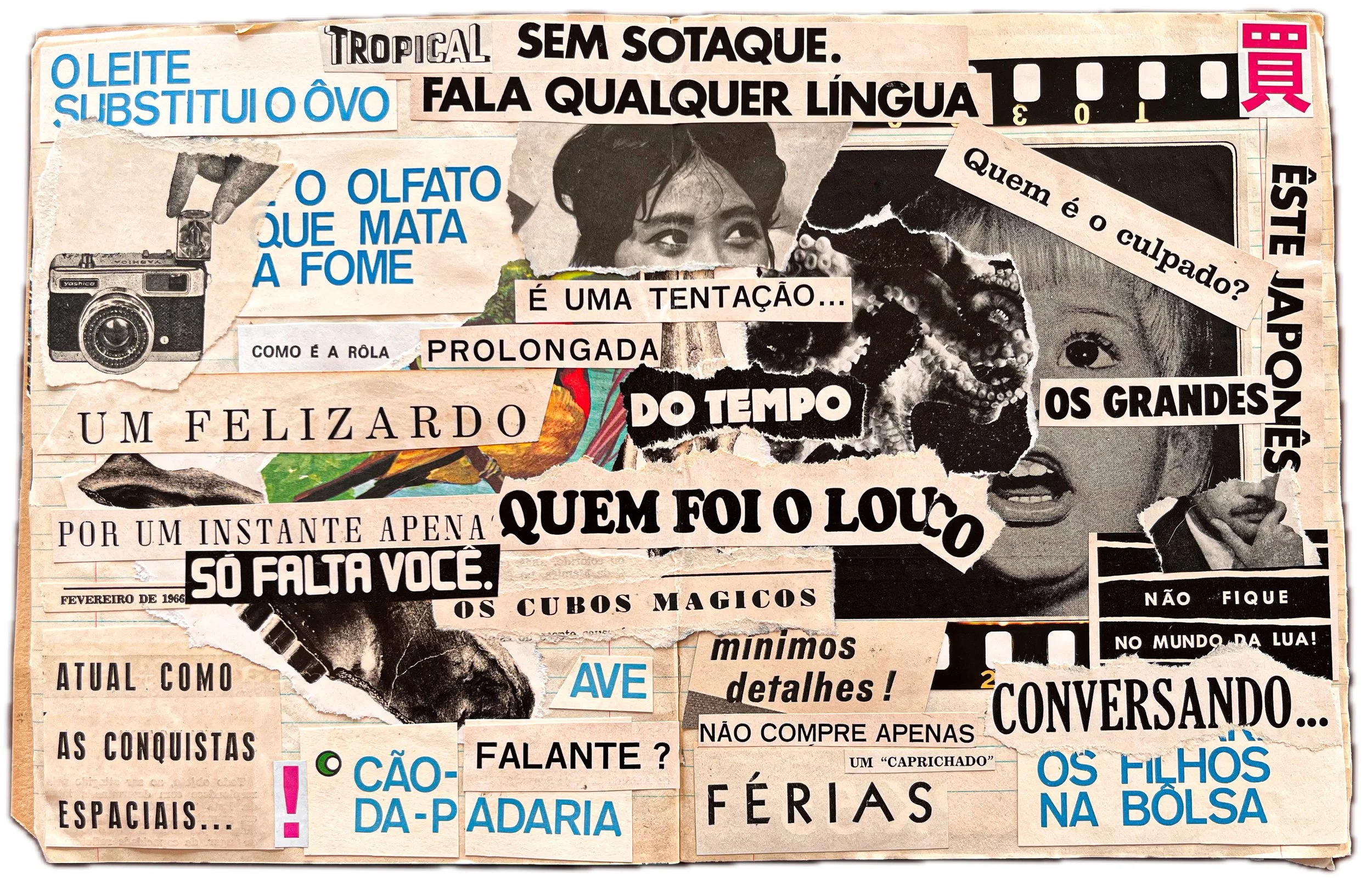 Colagem de recortes de jornais e revistas com frases em português, imagens de pessoas, câmera, um pássaro, uma mão segurando uma câmera antiga, e elementos gráficos variados, compondo uma colagem artística.