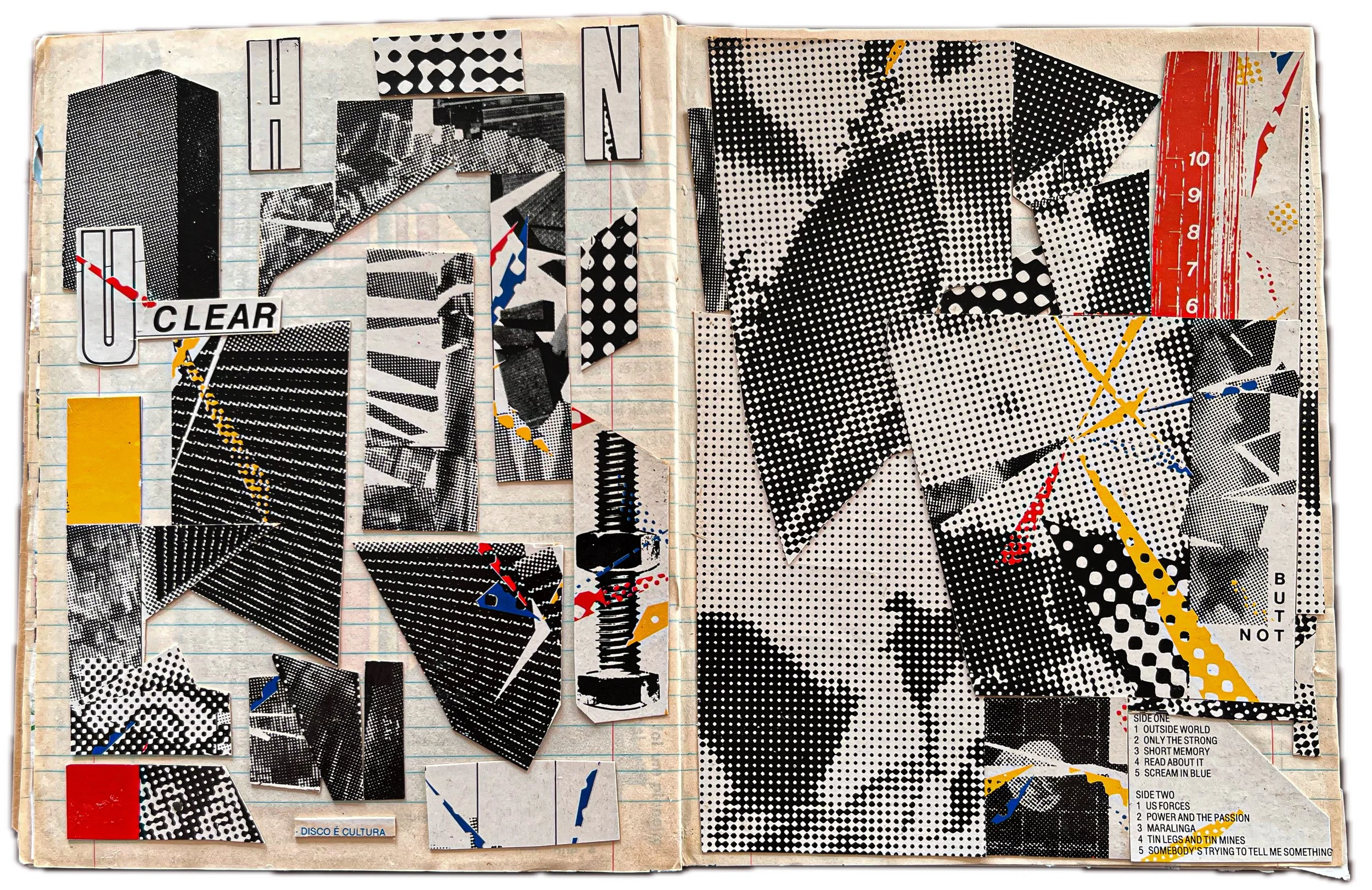 Colagem artística com elementos de colagem de papel, fotos em preto e branco, desenhos, textos e marcações coloridas sobre páginas de caderno com linhas azuis, formando uma composição abstrata e visualmente dinâmica.