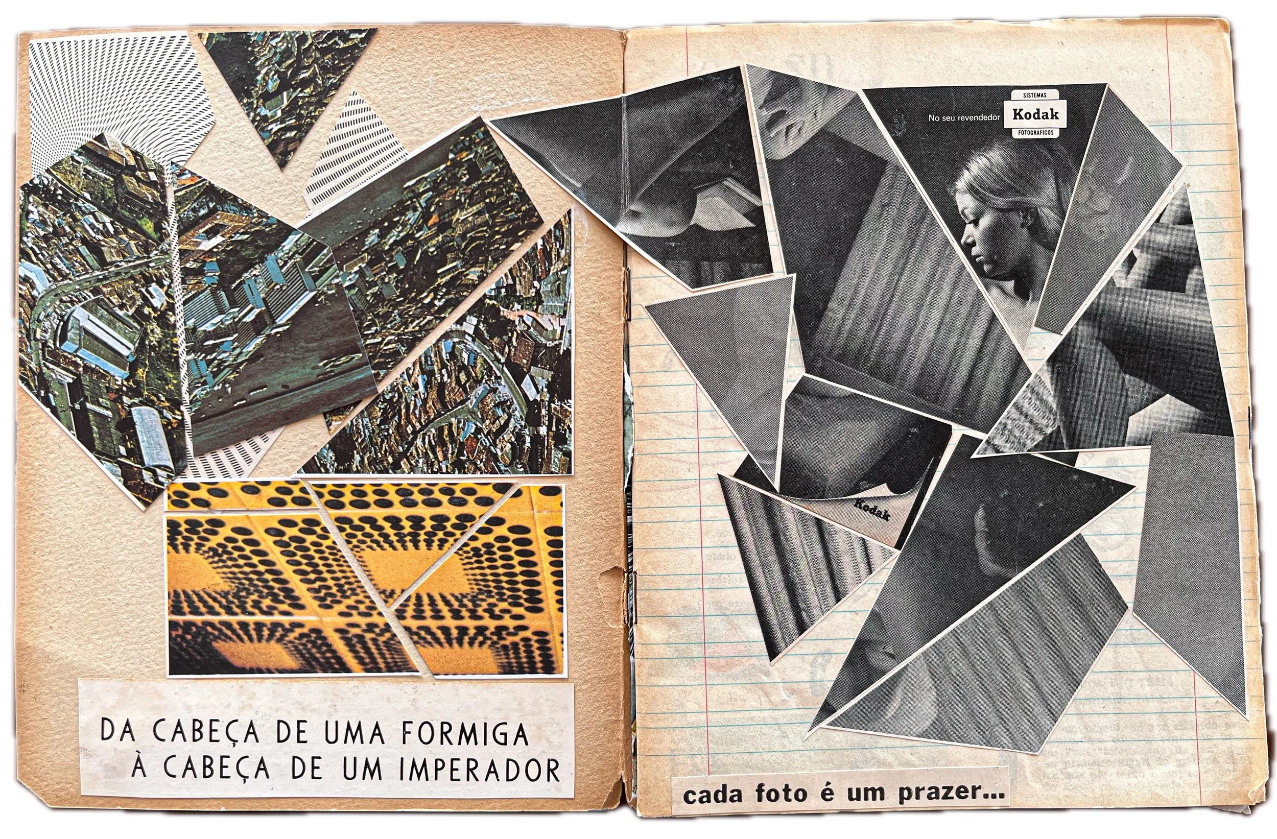 Colagem de fotos diversas, incluindo imagens de uma cidade aérea, uma parede decorada com bolinhas e retratos em preto e branco de pessoas. Balões de fala na página com texto em português, e uma caixa de texto na parte inferior esquerda com a frase "
