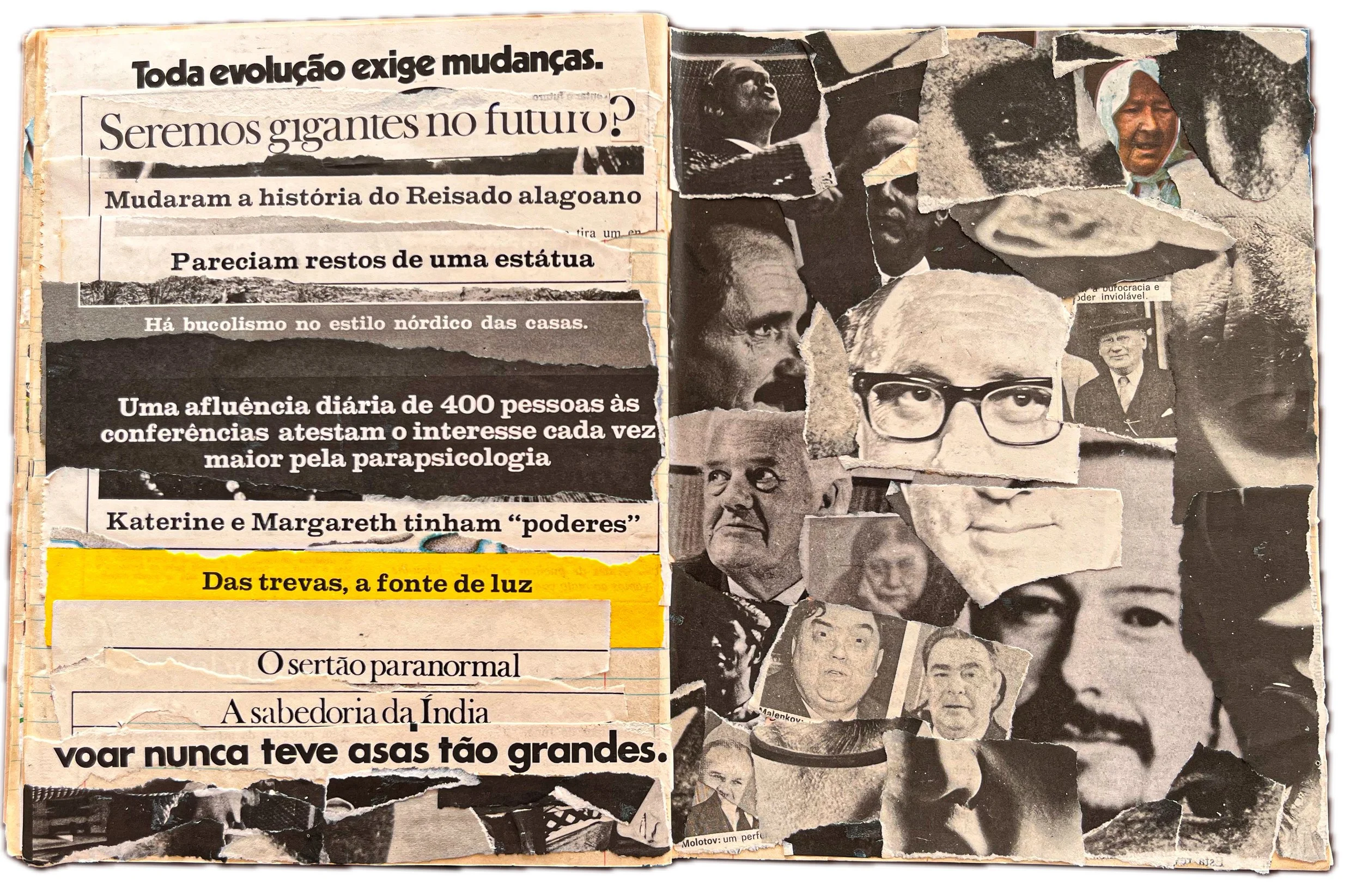 Colagem de recortes de jornais e fotos de diversas pessoas, com destaque para o trecho em amarelo: "Das trevas, a fonte de luz" e textos relacionados a mudanças, história e diferentes figuras conhecidas.