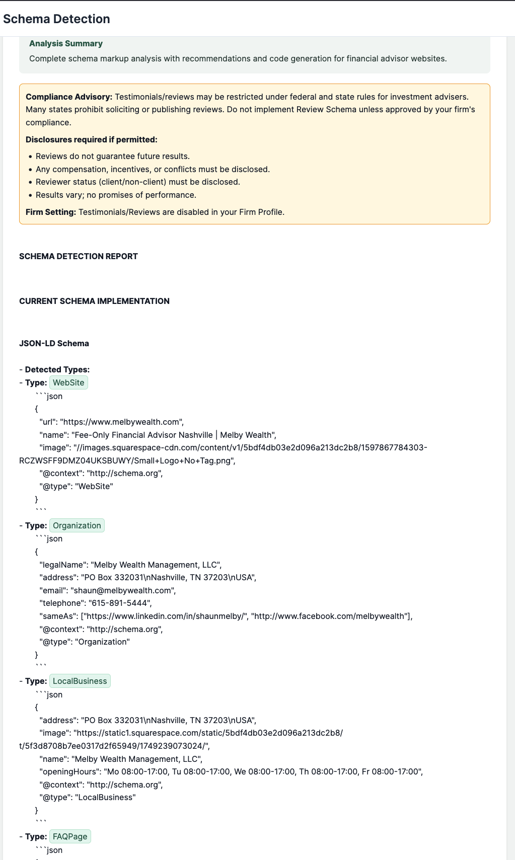 Screenshot of a webpage displaying schema detection report with sections on schema detection, current schema implementation, and details of detected JSON-LD schema types including WebSite, Organization, LocalBusiness, and FAQPage.