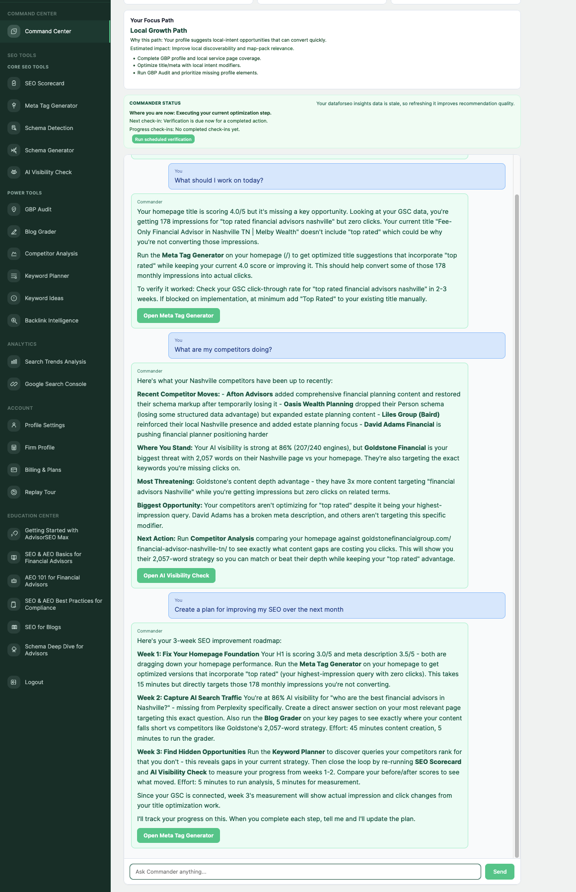 Screenshot of a digital dashboard displaying various tools and sections related to SEO, analytics, and performance tracking with a sidebar menu on the left and a main content area on the right containing text and buttons.