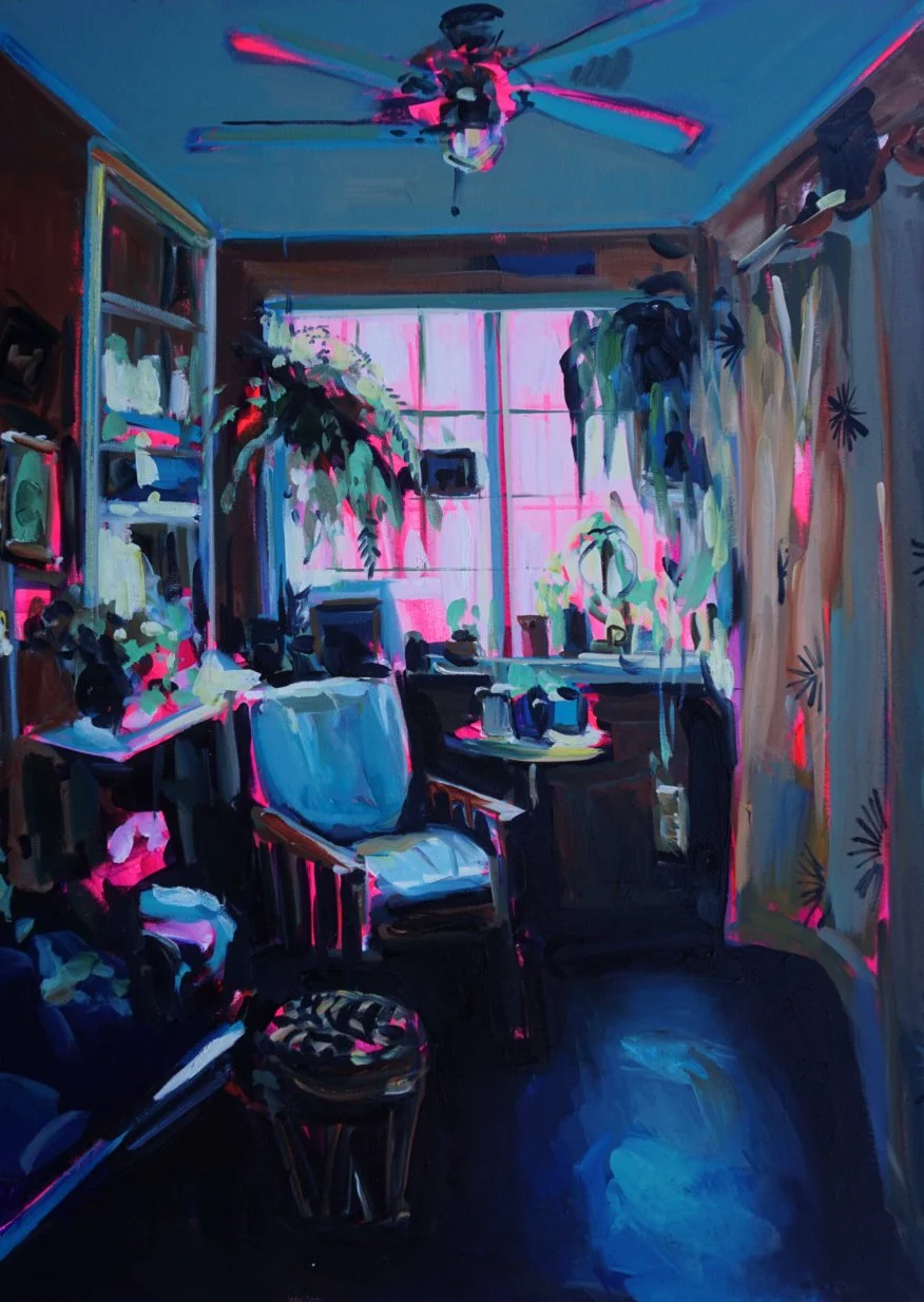 Interior of a room with a large window, houseplants, chairs, a bookshelf, and various objects, illuminated by pink and blue lighting.
