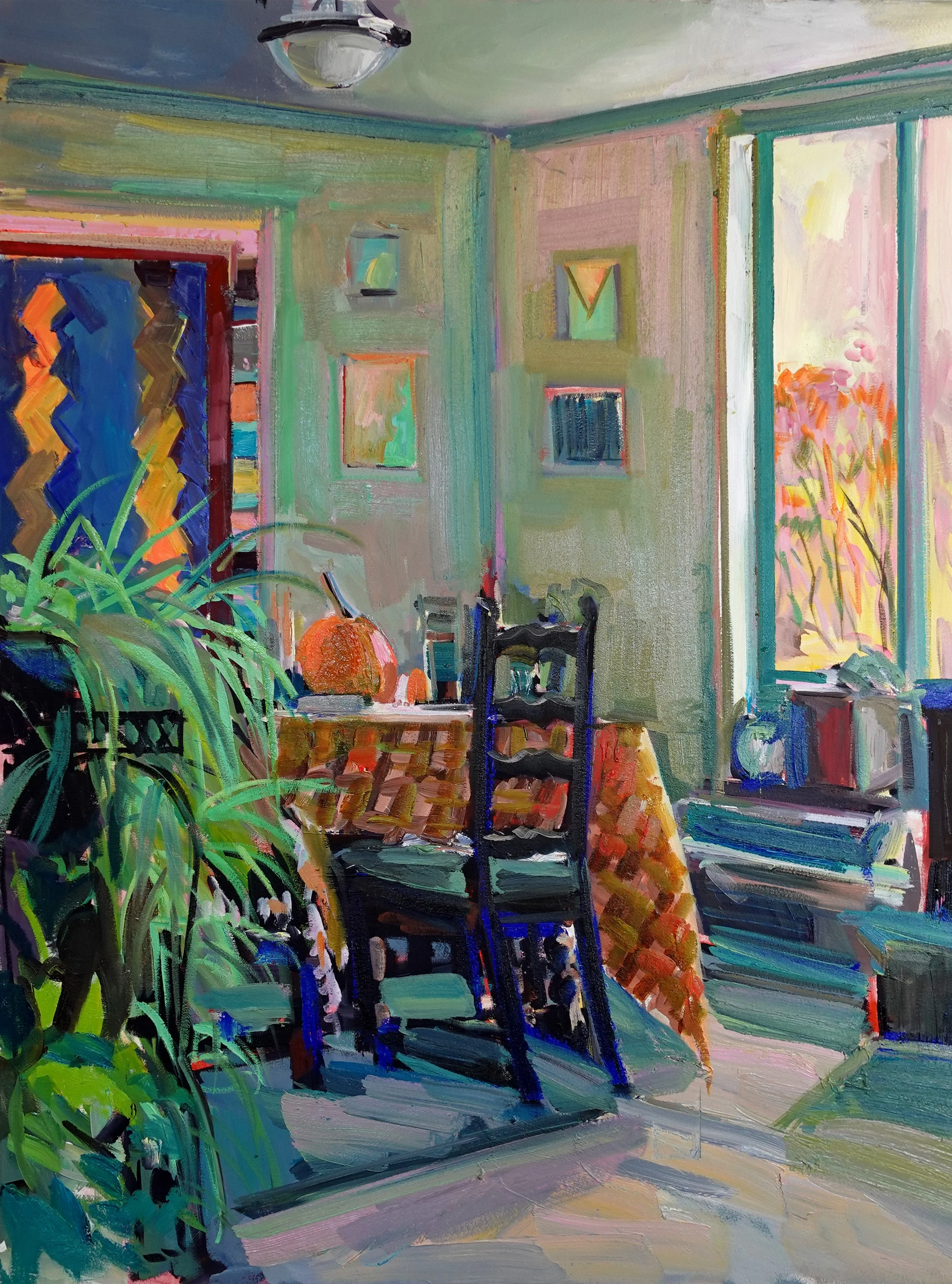 Oil painting of a cozy room with a table, chairs, a large houseplant, a pumpkin, and a window with flowers outside. The walls are decorated with small framed artwork.