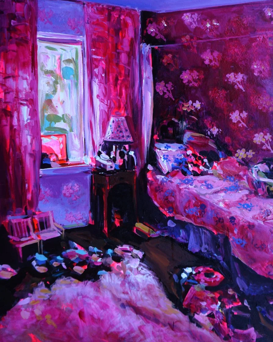Painting of a colorful bedroom with pink and purple hues, floral wallpaper, a bed with colorful bedding, a window with curtains, a side table with a lamp, and various objects scattered on the floor.