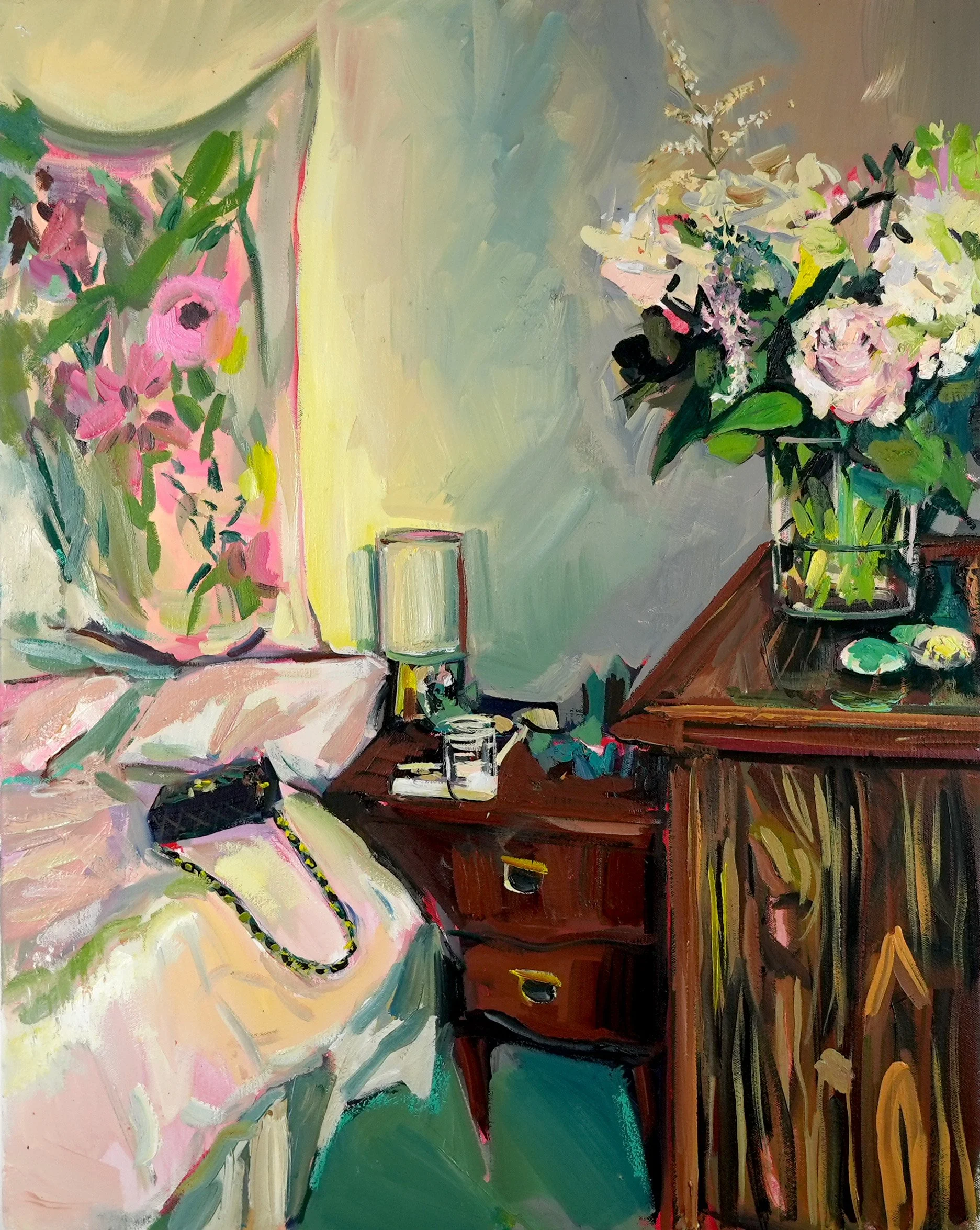 Painting of a bedroom corner with a bed, a wooden nightstand, table lamp, and a vase of flowers on a wooden dresser.