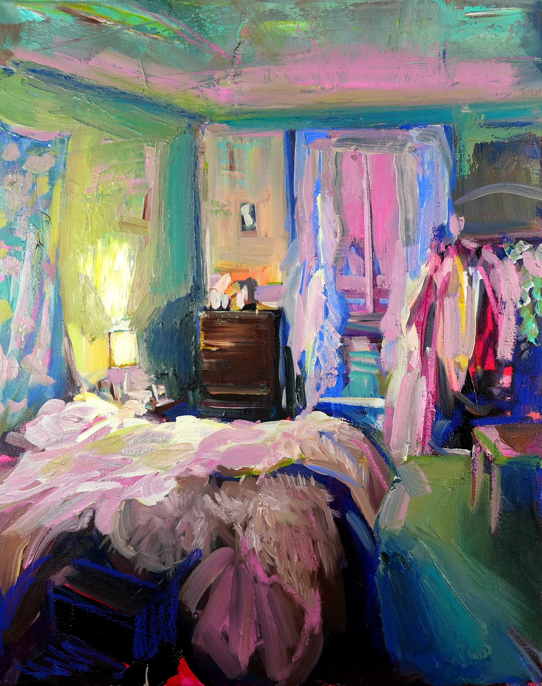 An impressionist painting of a colorful bedroom with a bed, bedside lamp, dresser, and window with curtains.