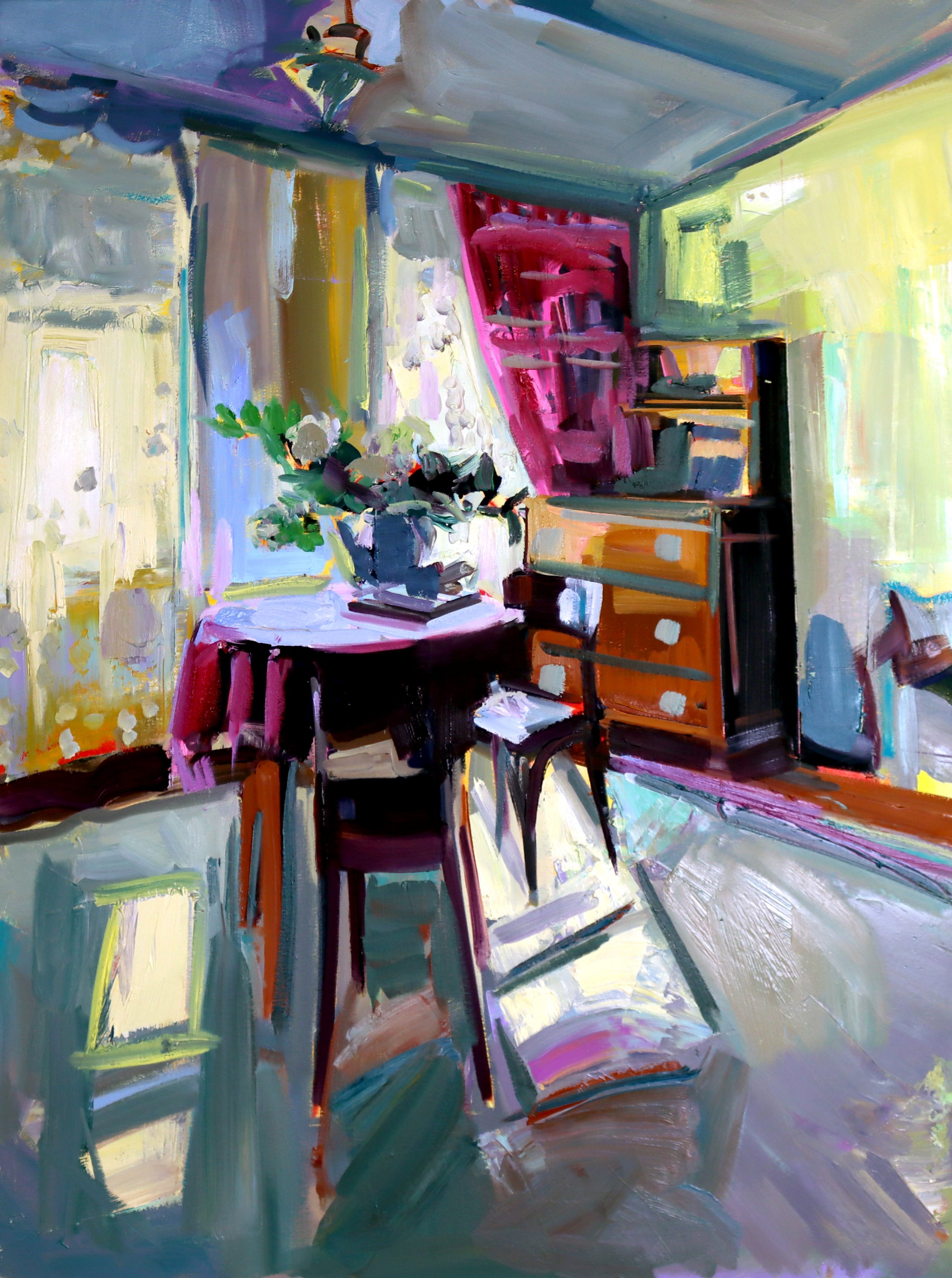 An impressionistic painting of a cozy room with a round table covered with a dark pink cloth, a potted plant with white flowers on the table, a chair, a tall dresser, and a window with yellow curtains letting in sunlight.