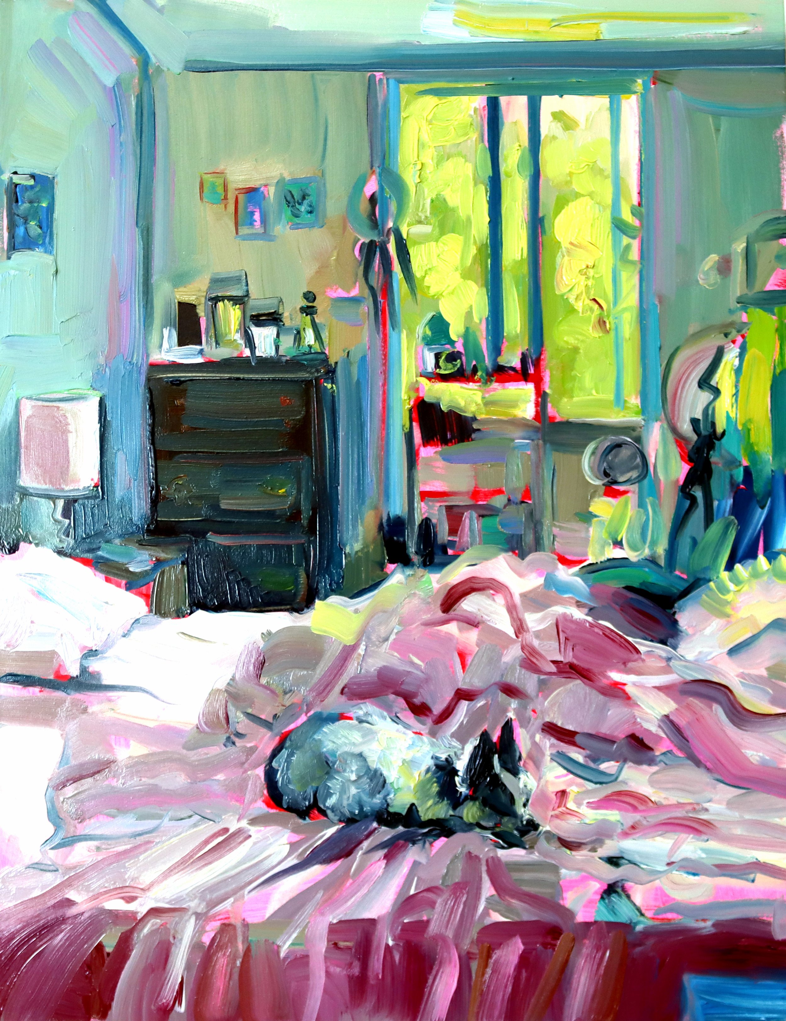 Colorful painting of a room with a bed, a sleeping cat, a dresser, a standing lamp, a window with green foliage outside, and various objects and decorations inside.