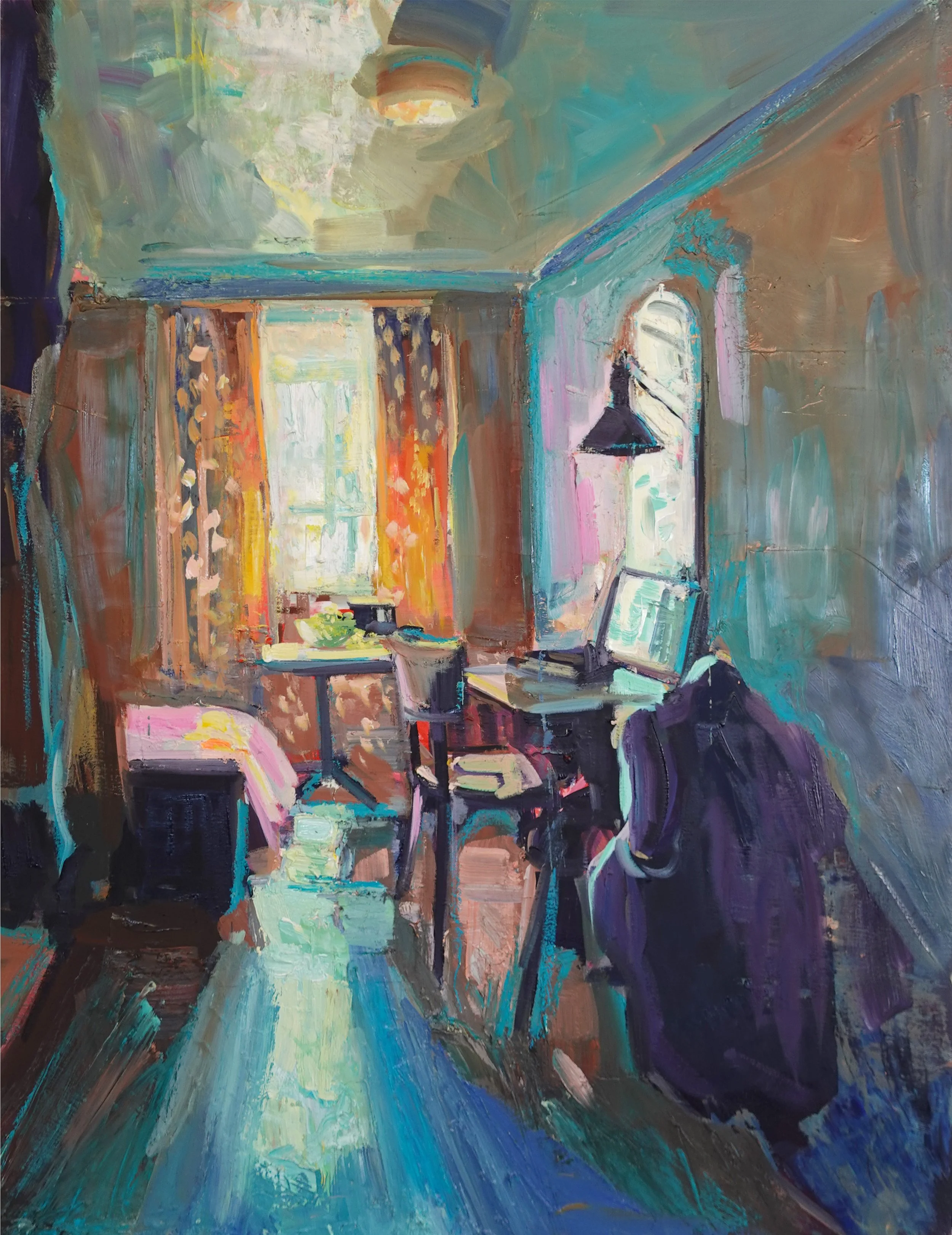 A colorful painting of a cozy interior room with a window, surrounded by furniture, books, and a coat hanging on a chair.