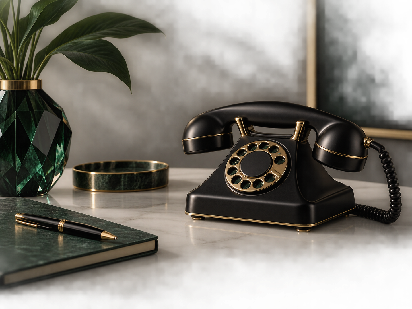 Black vintage rotary telephone with gold accents on a modern desk, alongside a green marble-patterned notepad with a gold pen, a green marble-patterned bowl, and a large green geometric vase with a plant, all on a white marble surface.