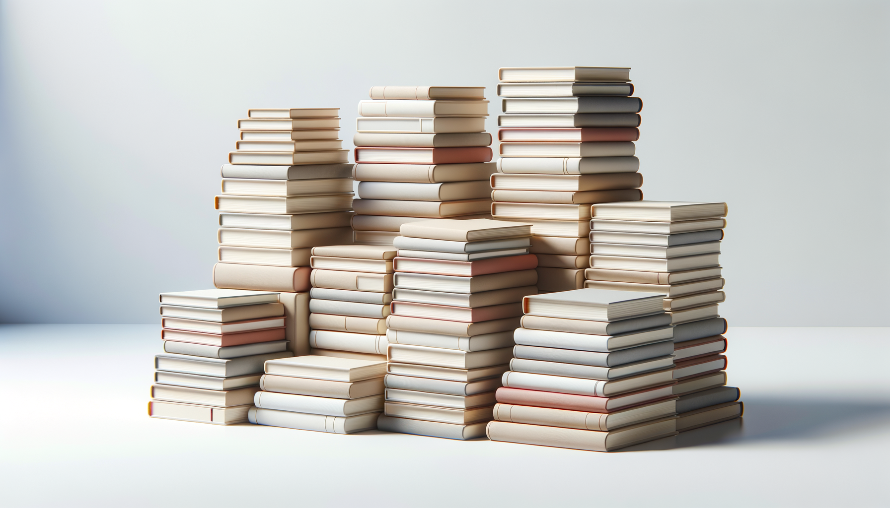 Multiple stacks of neatly arranged books of various sizes and colors on a white surface against a plain white background.