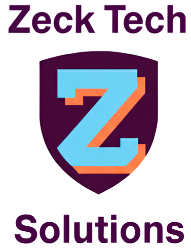 ZeckTech Solutions logo with large stylized light blue and orange letter Z in the center on a dark background.