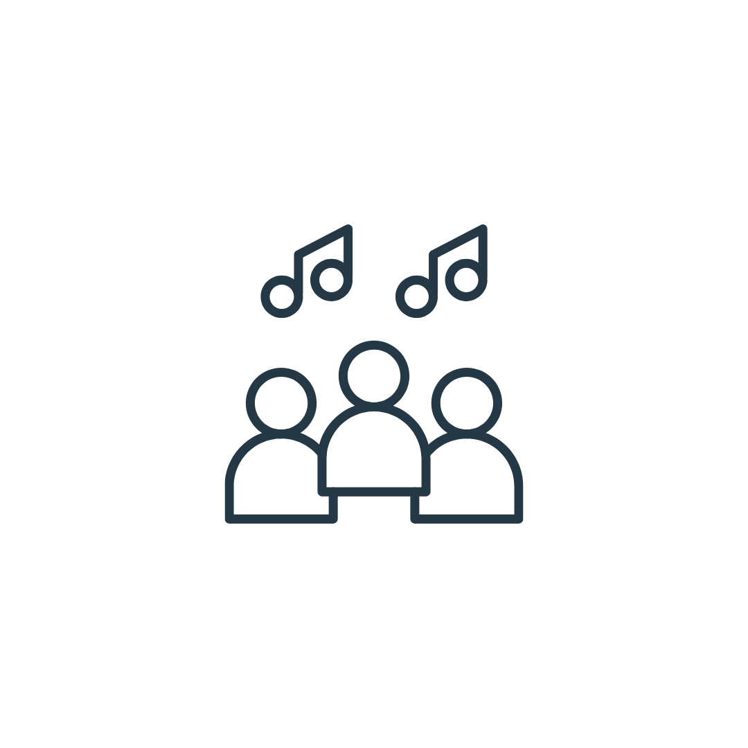 Outline icon of three people singing or performing together with musical notes above them.