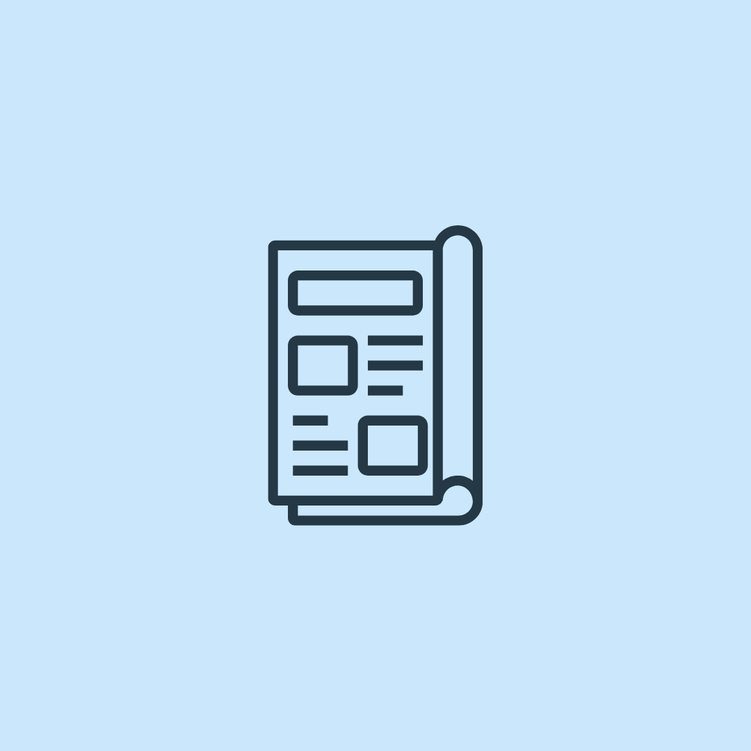 Outline icon of a newspaper with a folded corner, set against a light blue background.