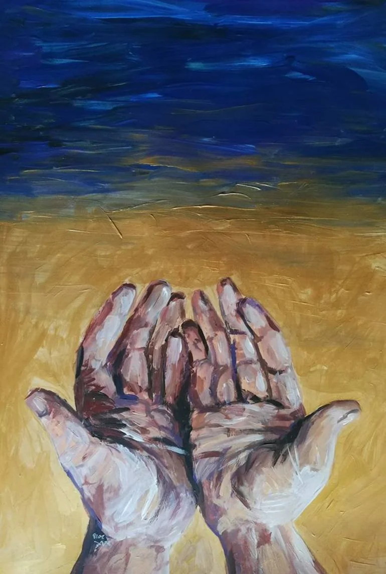 An acrylic painting of two hands clasped together against a background of a sky transitioning from dark blue to yellow.